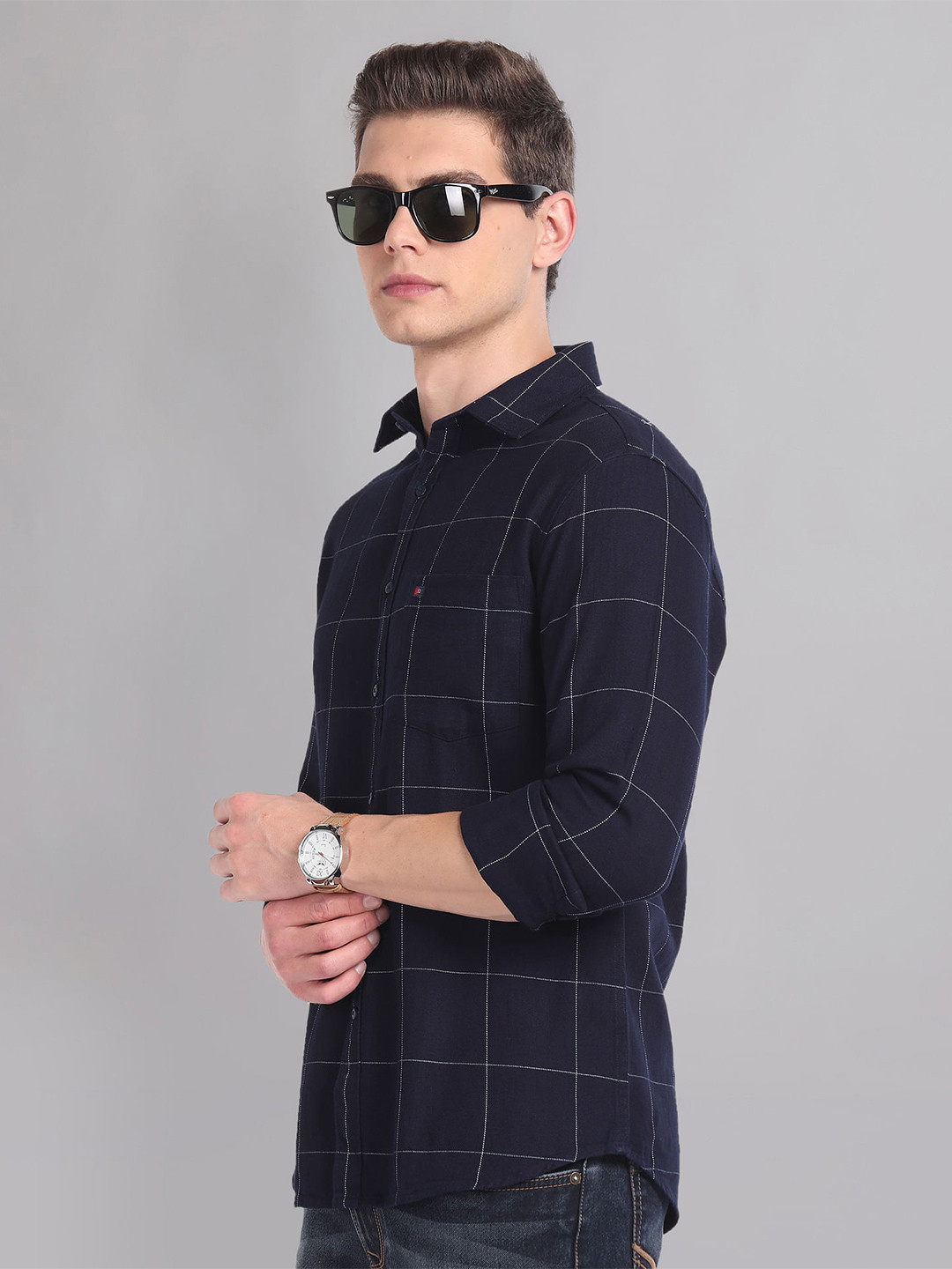 

AD By Arvind Slim Modern Fit Windowpane Checked Casual Pure Cotton Shirt, Navy blue