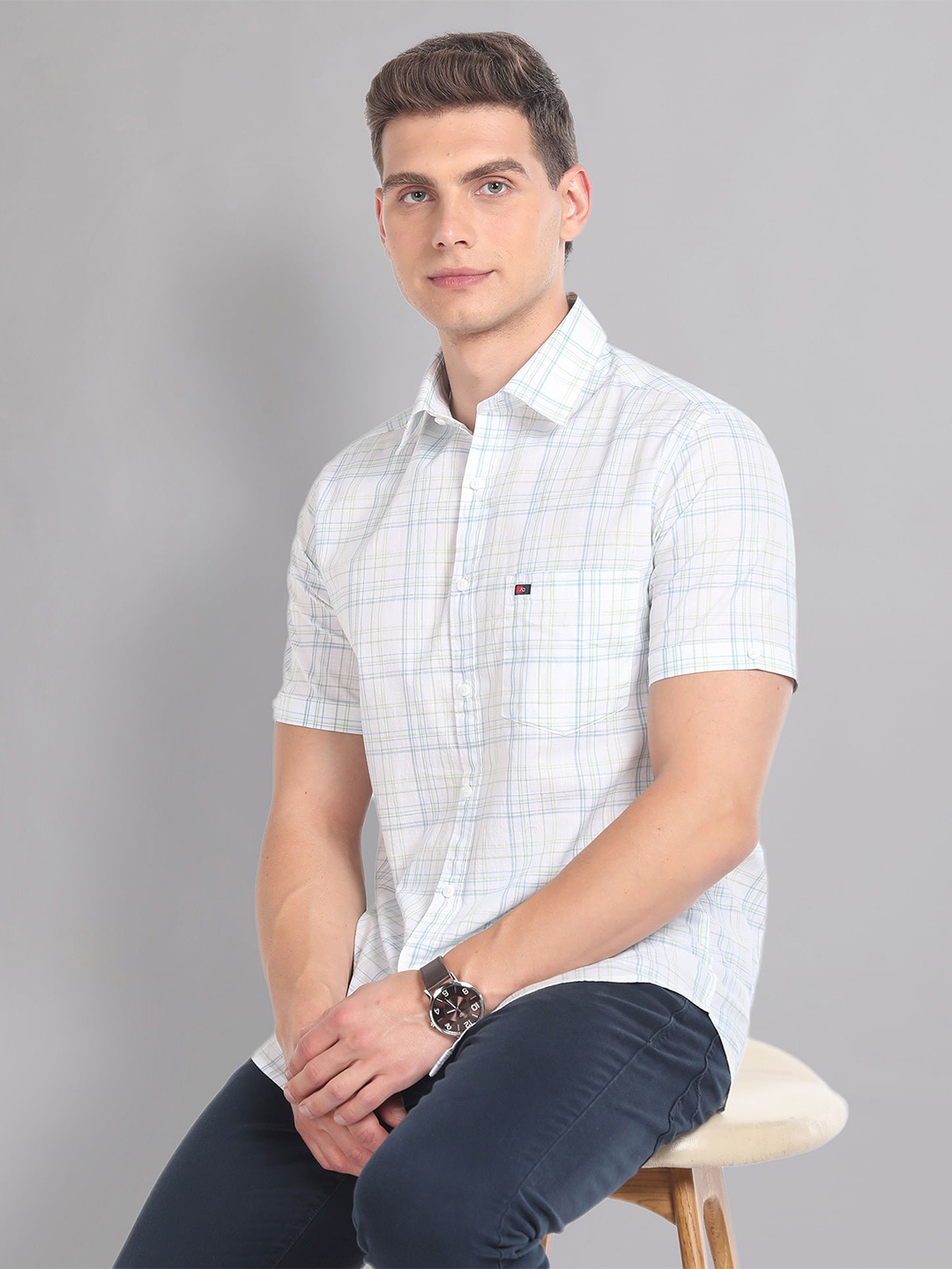 

AD By Arvind Slim Fit Tartan Checks Spread Collar Short Sleeves Cotton Casual Shirt, White