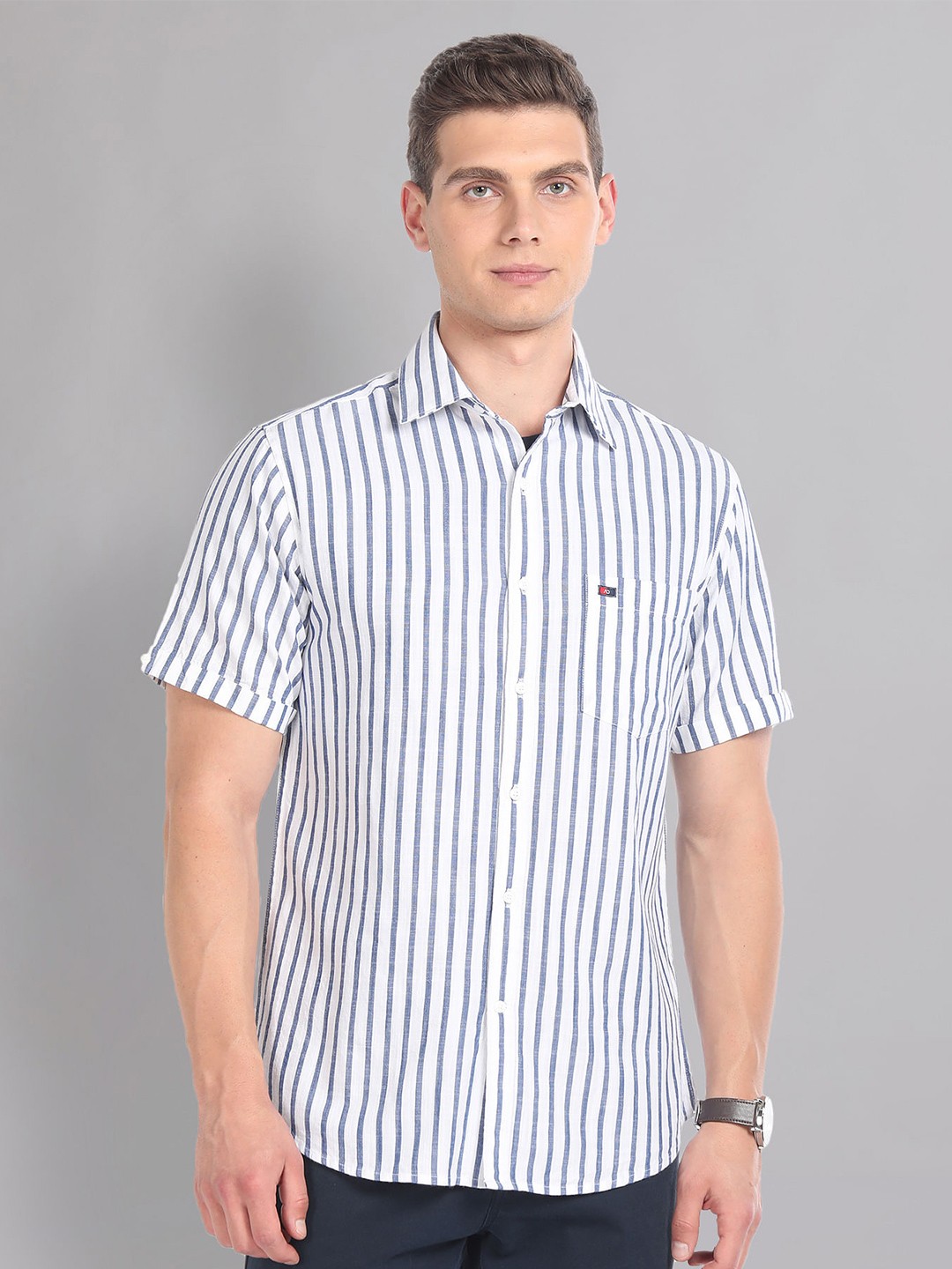 

AD By Arvind Slim Fit Vertical Stripes Spread Collar Short Sleeves Cotton Casual Shirt, Blue