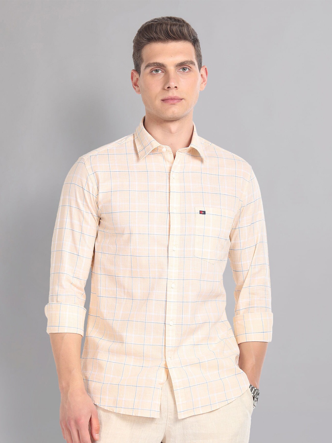 

AD By Arvind Tartan Check Pure Cotton Summer Shirt, Peach