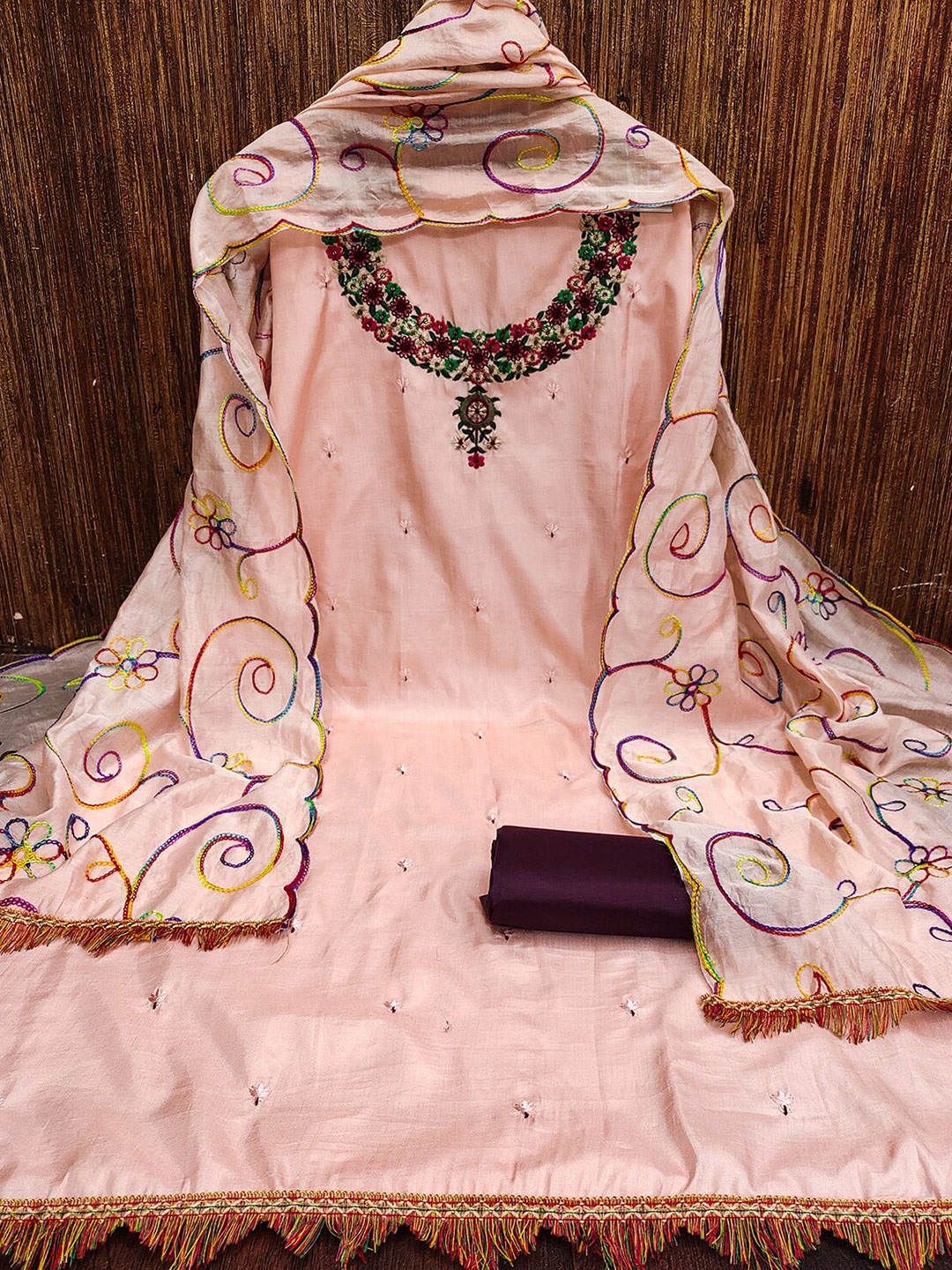 

Leeza Store Embroidered Unstitched Dress Material, Pink