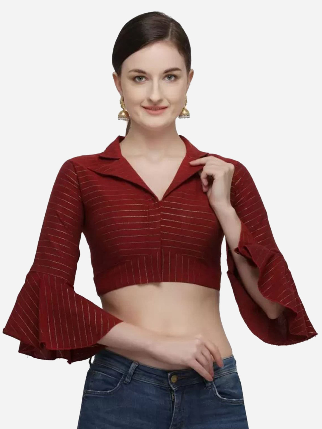 

Reeta Fashion Striped Cotton Shirt Collar Neck Bell Sleeves Saree Blouse, Maroon