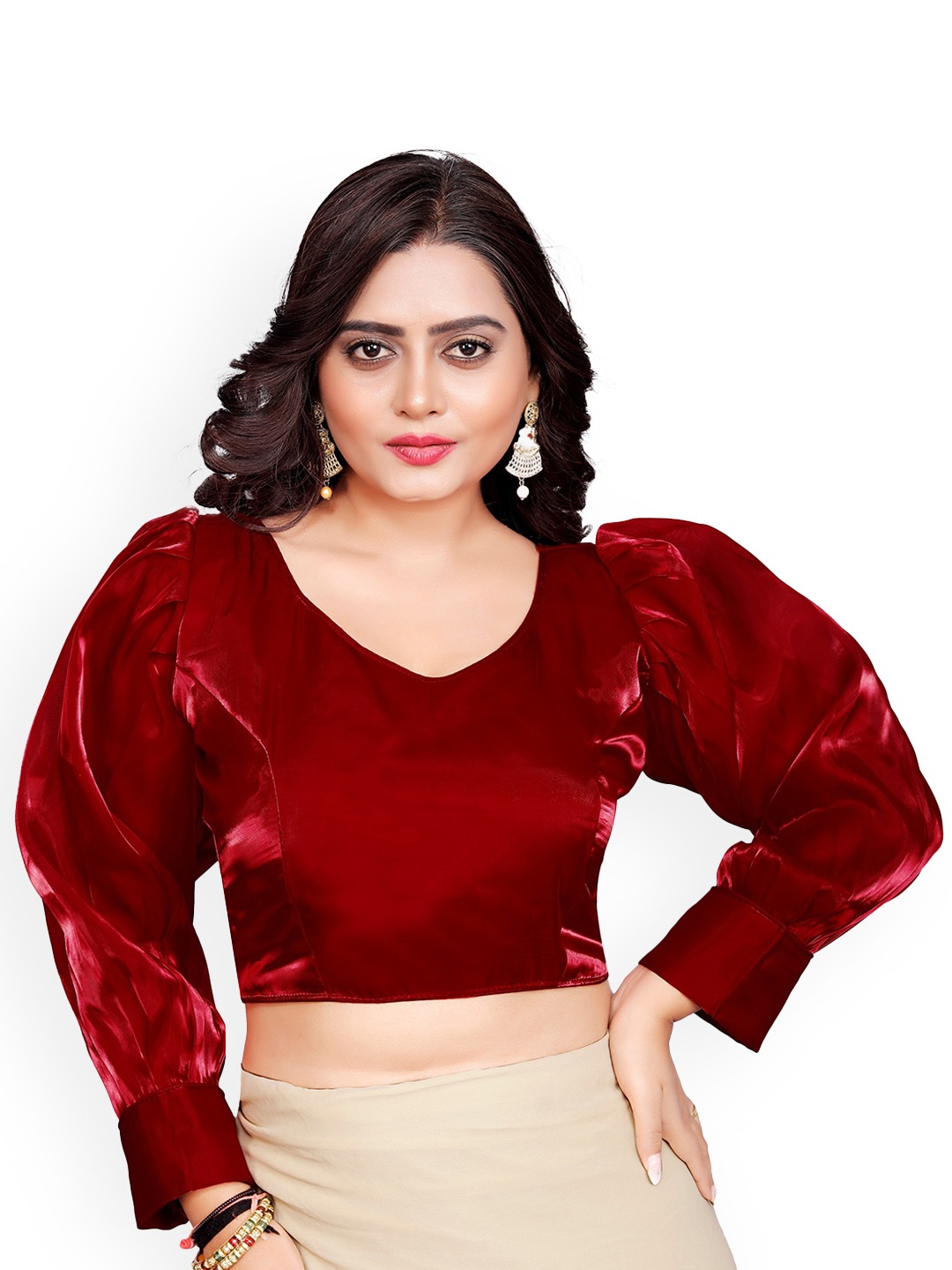 

Reeta Fashion Padded Sweetheart-Neck Organza Saree Blouse, Maroon