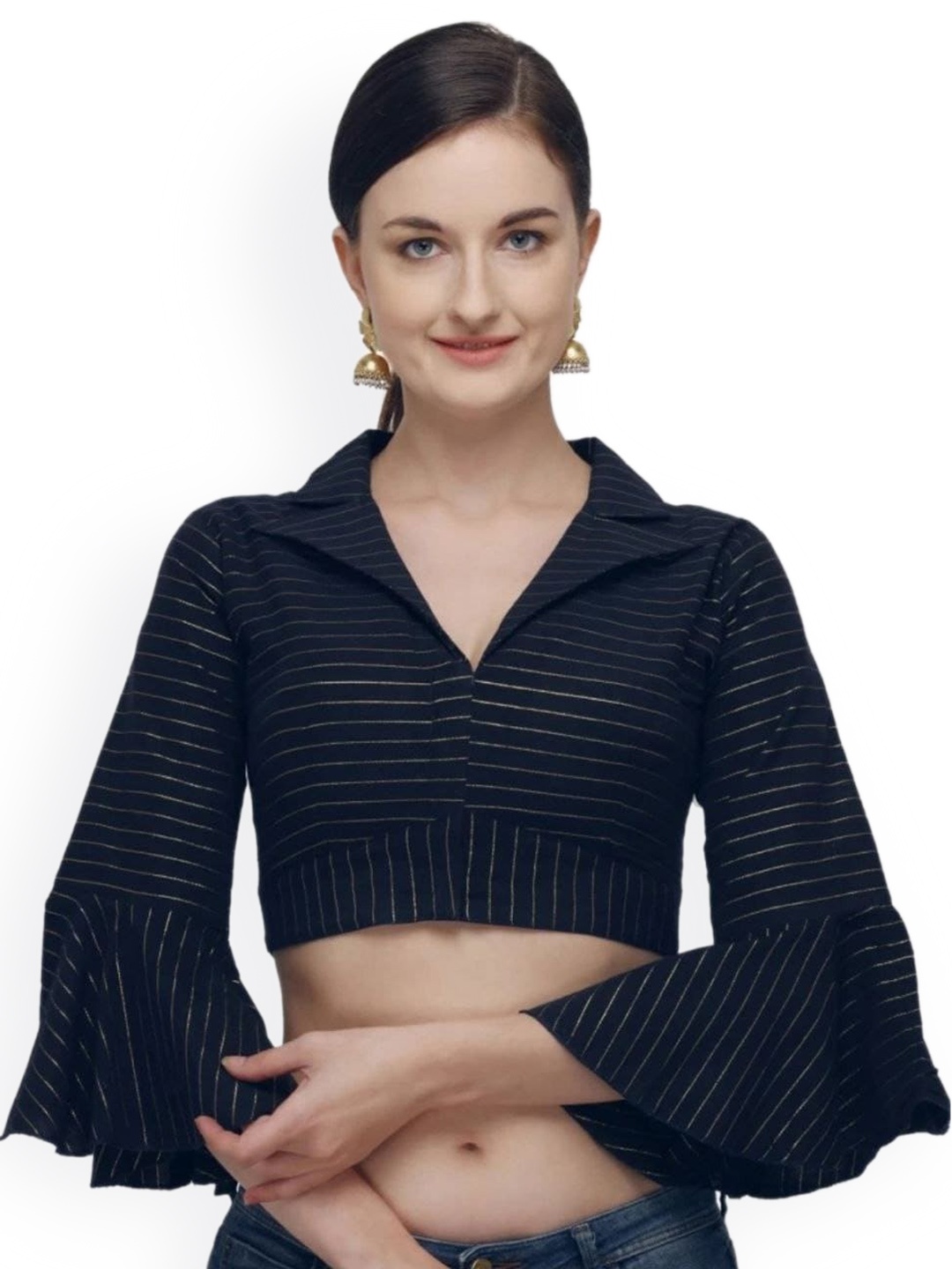 

Reeta Fashion Striped Cotton Shirt Collar Neck Bell Sleeves Saree Blouse, Navy blue