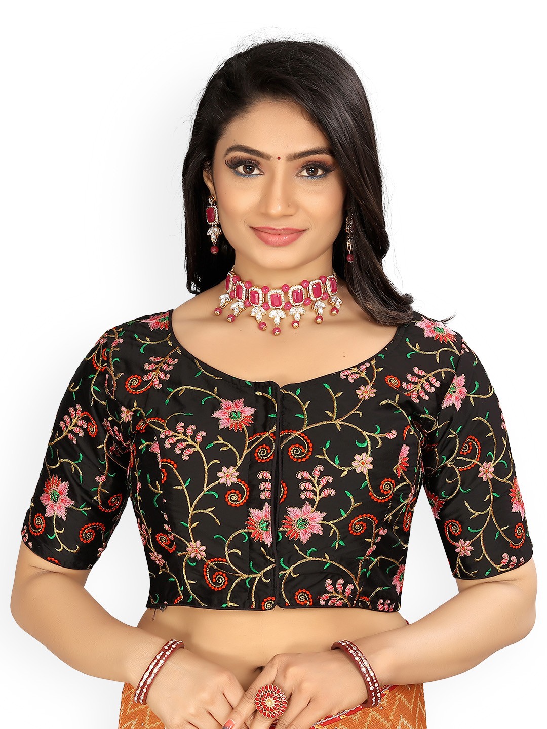 

Reeta Fashion Embroidered Satin Readymade Saree Blouse, Black
