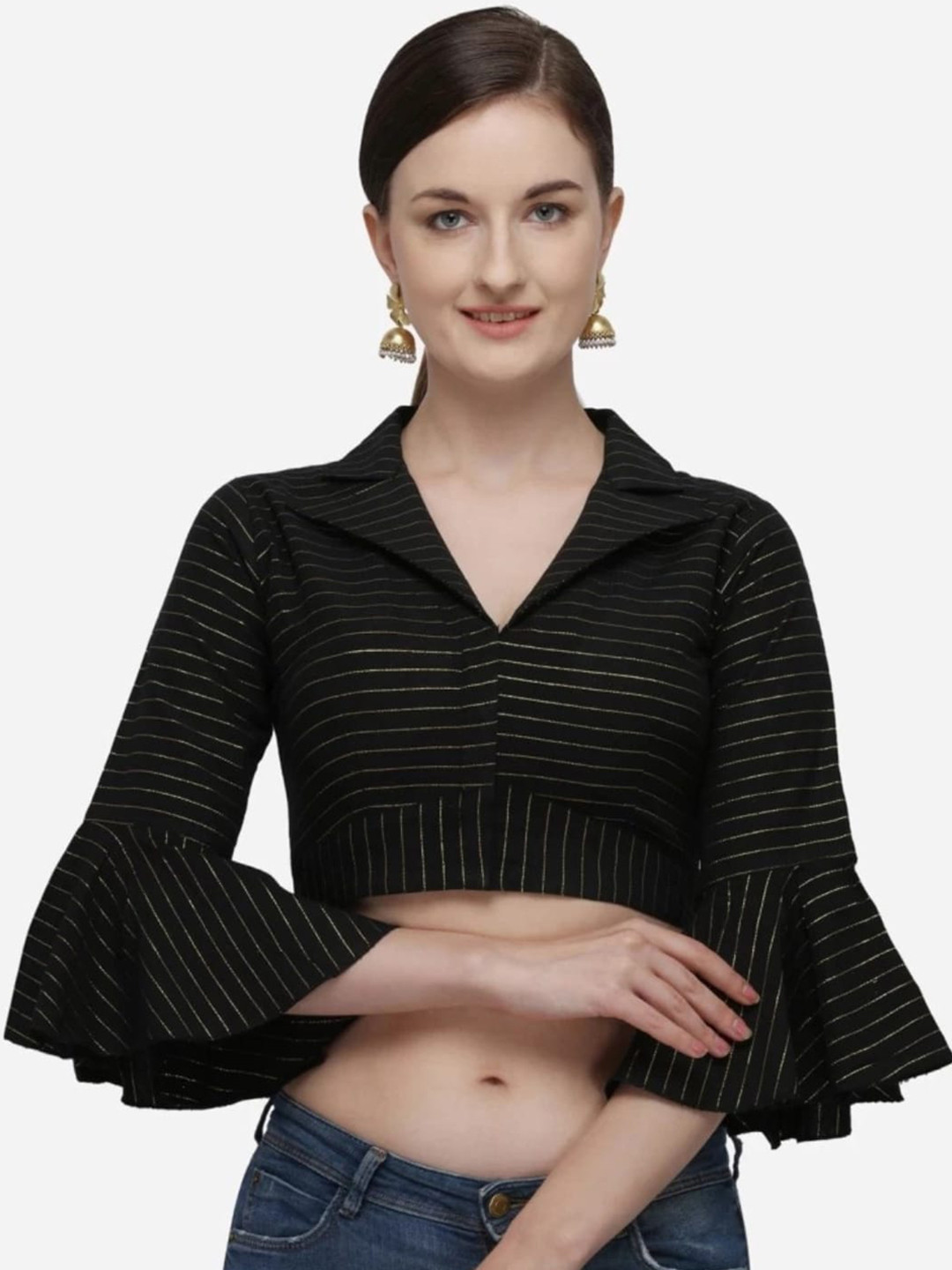 

Reeta Fashion Striped Cotton Readymade Saree Blouse, Black