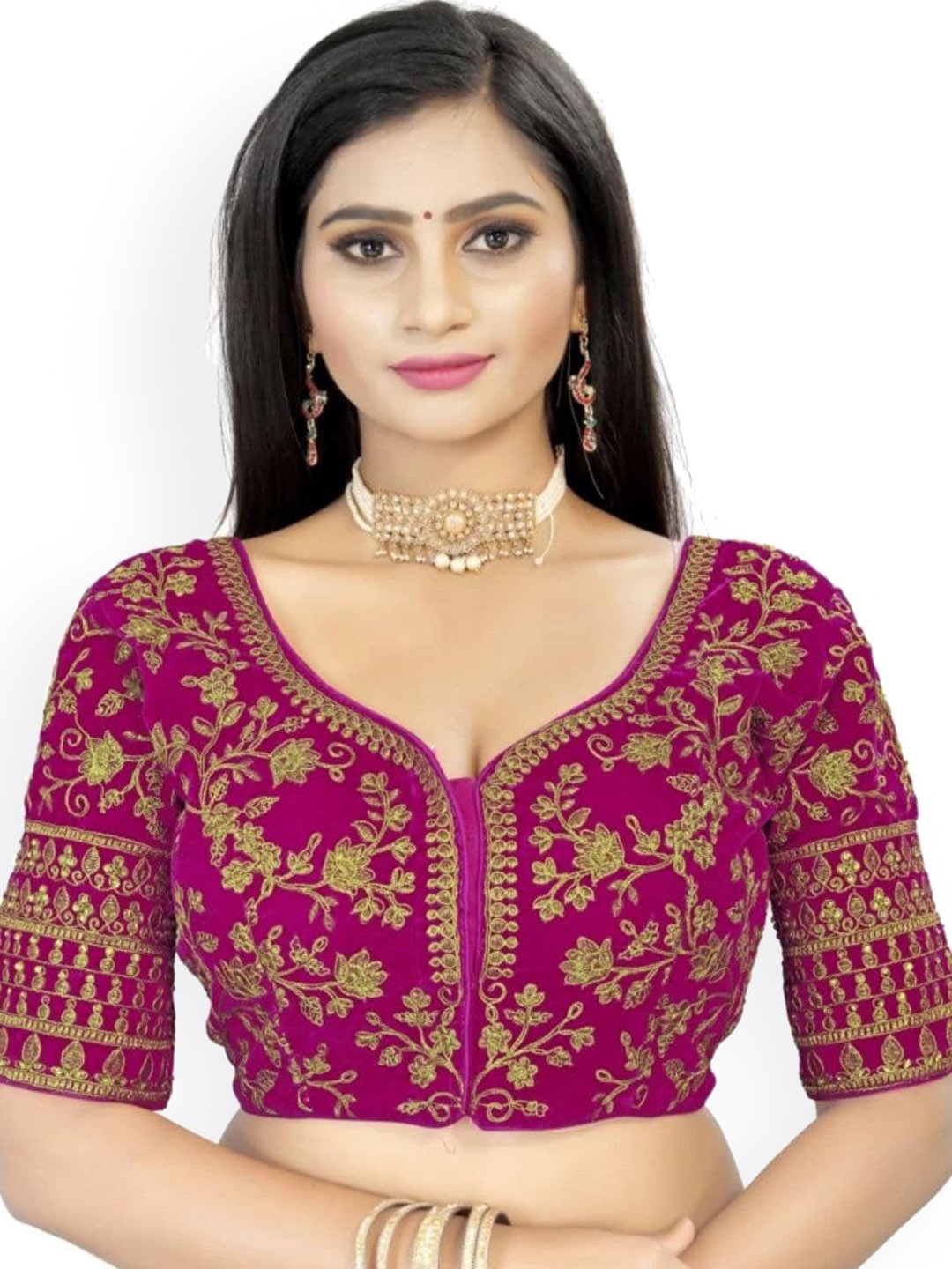 

Reeta Fashion Full Cording Embroidered Velvet Readymade Saree Blouse, Pink