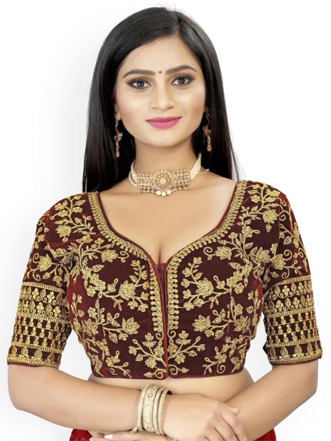 

Reeta Fashion Full Cording Embroidery Work Velvet Tapeta Readymade Saree Blouse, Maroon