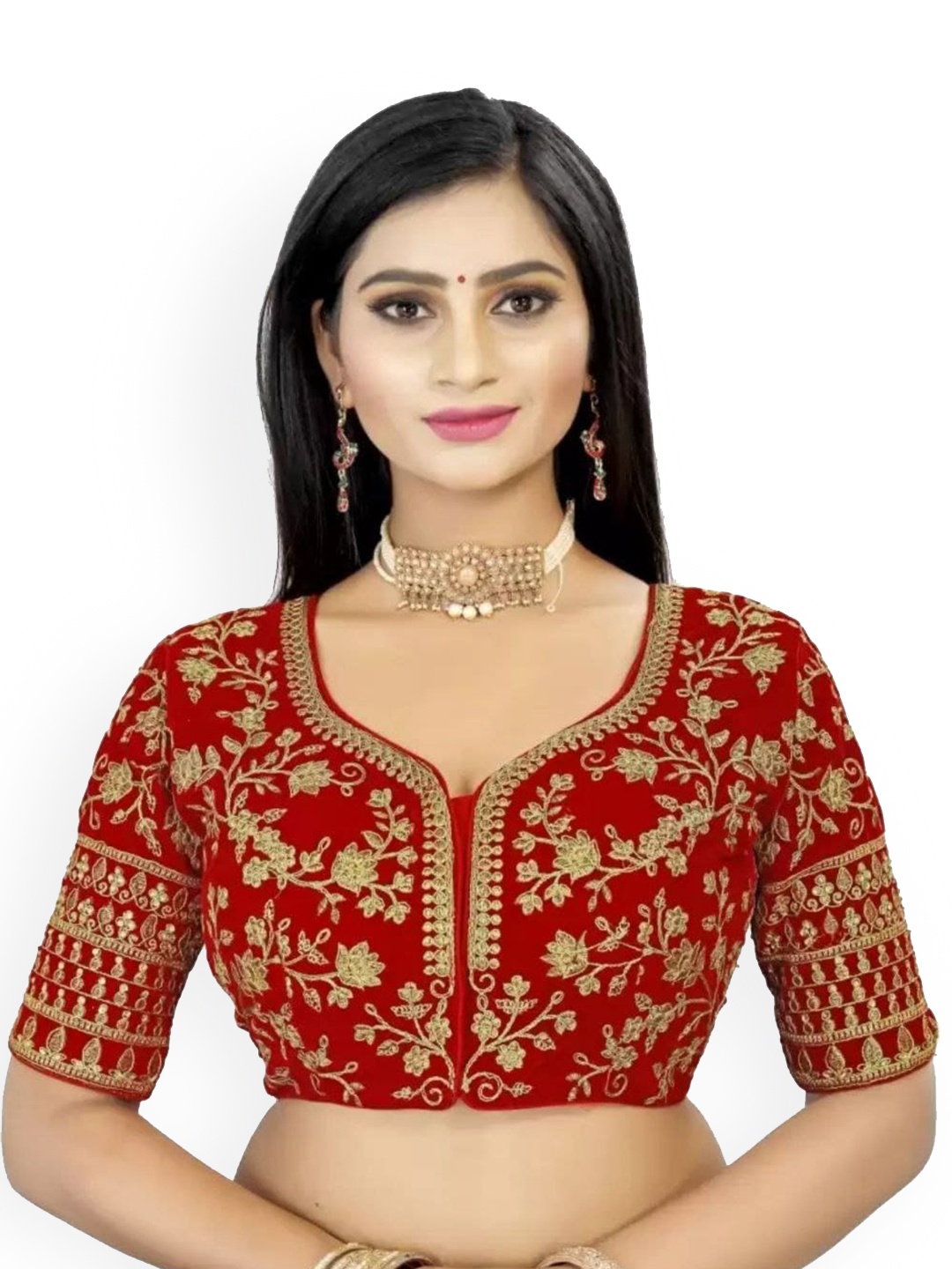 

Reeta Fashion Full Cording Embroidered Velvet Readymade Saree Blouse, Red
