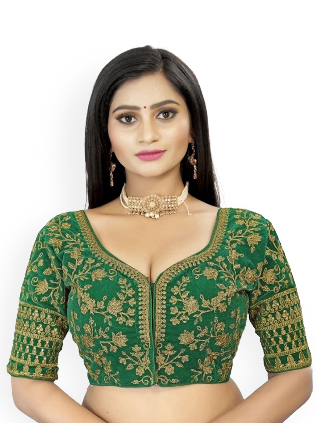 

Reeta Fashion Full Cording Embroidered Velvet Readymade Saree Blouse, Green