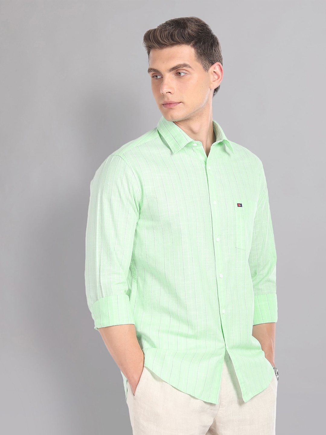 

AD By Arvind Vertical Stripe Pure Cotton Summer Shirt, Green