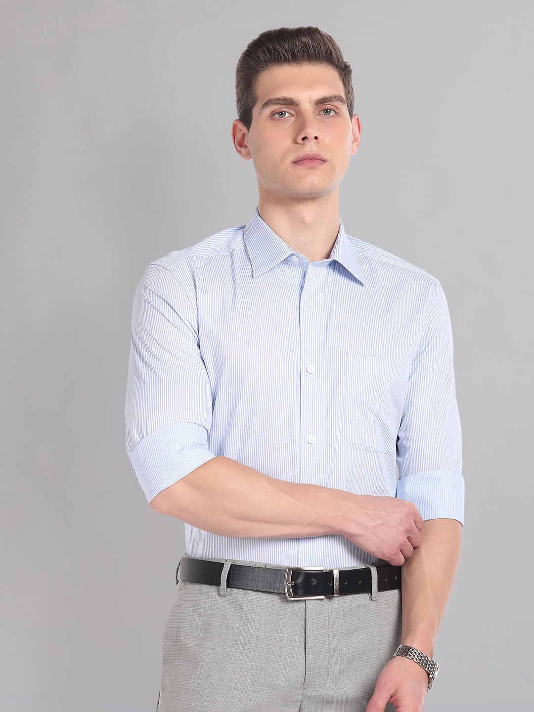 

AD By Arvind Vertical Striped Spread Collar Pure Cotton Formal Shirt, Blue
