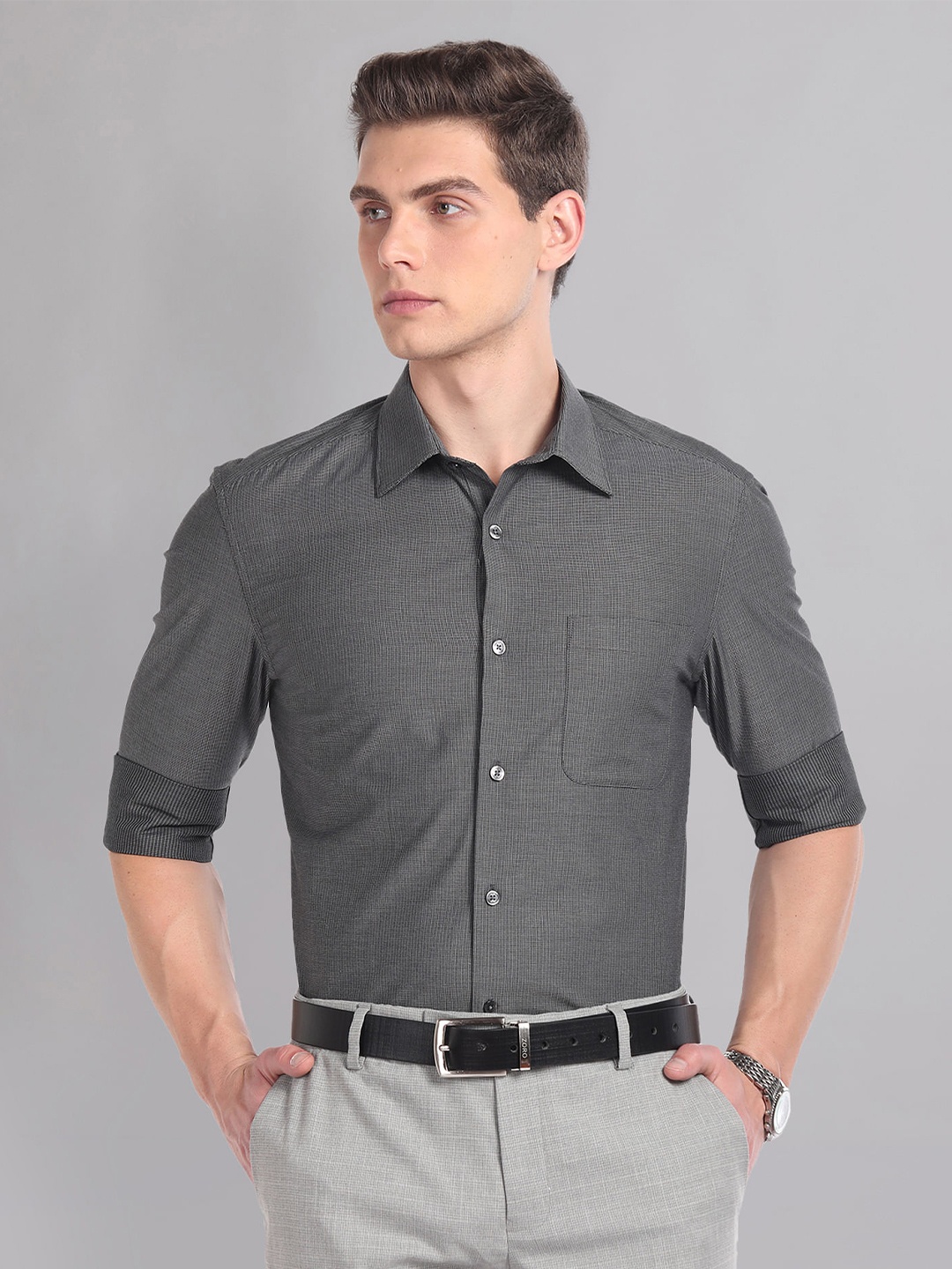 

AD By Arvind Geometric Self Design Spread Collar Pure Cotton Formal Shirt, Black