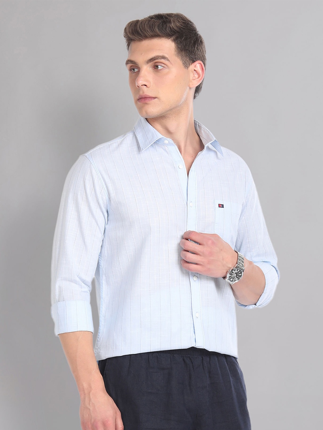 

AD By Arvind Vertical Stripe Pure Cotton Summer Shirt, Blue