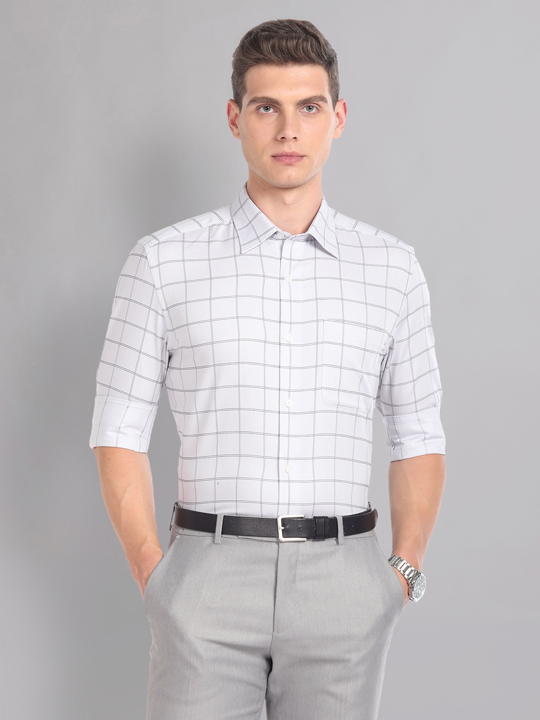 

AD By Arvind Windowpane Checks Spread Collar Long Sleeves Cotton Formal Shirt, Grey
