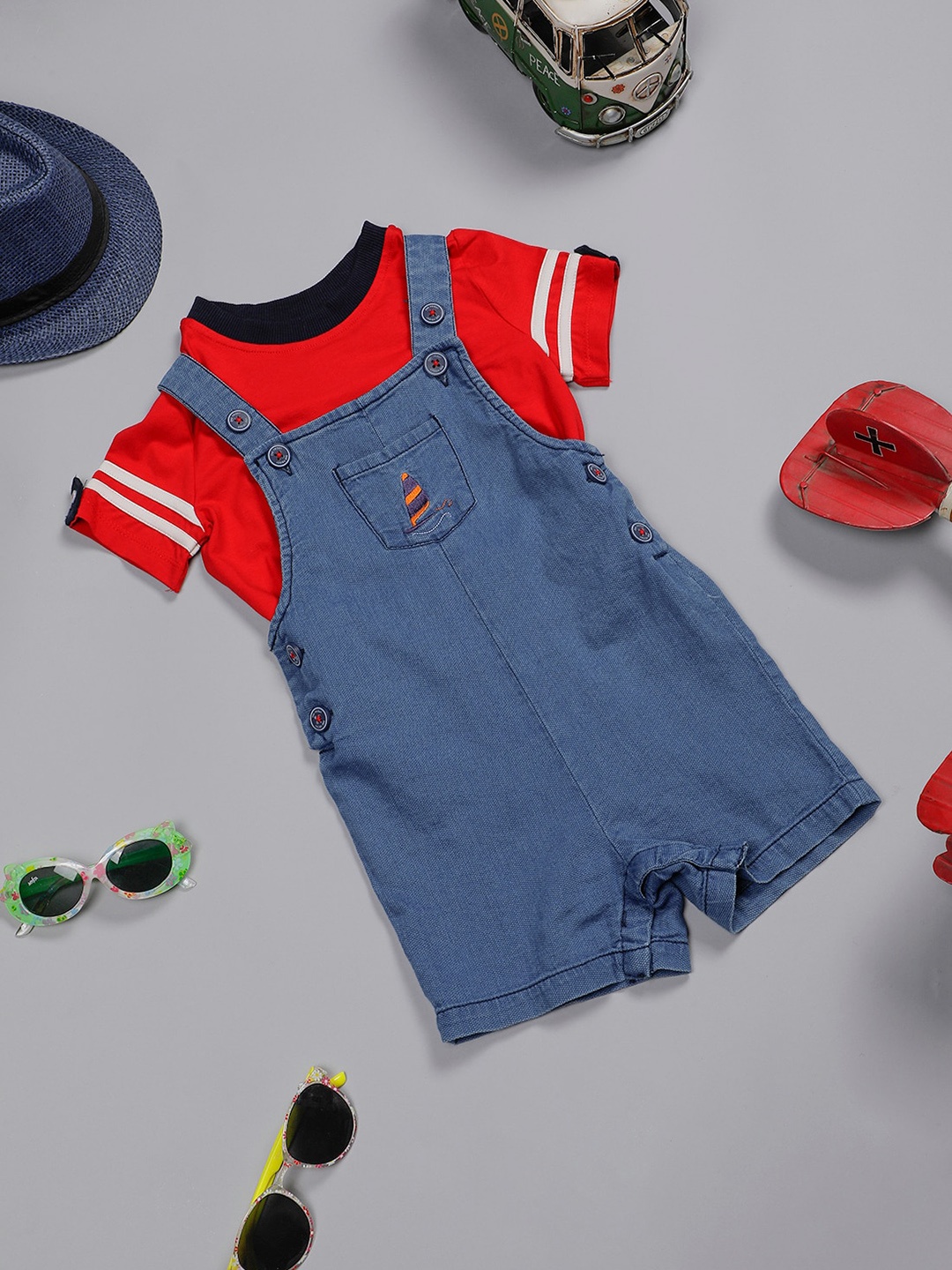 

One Friday Boys Pure Cotton Dungarees With T-Shirt, Blue