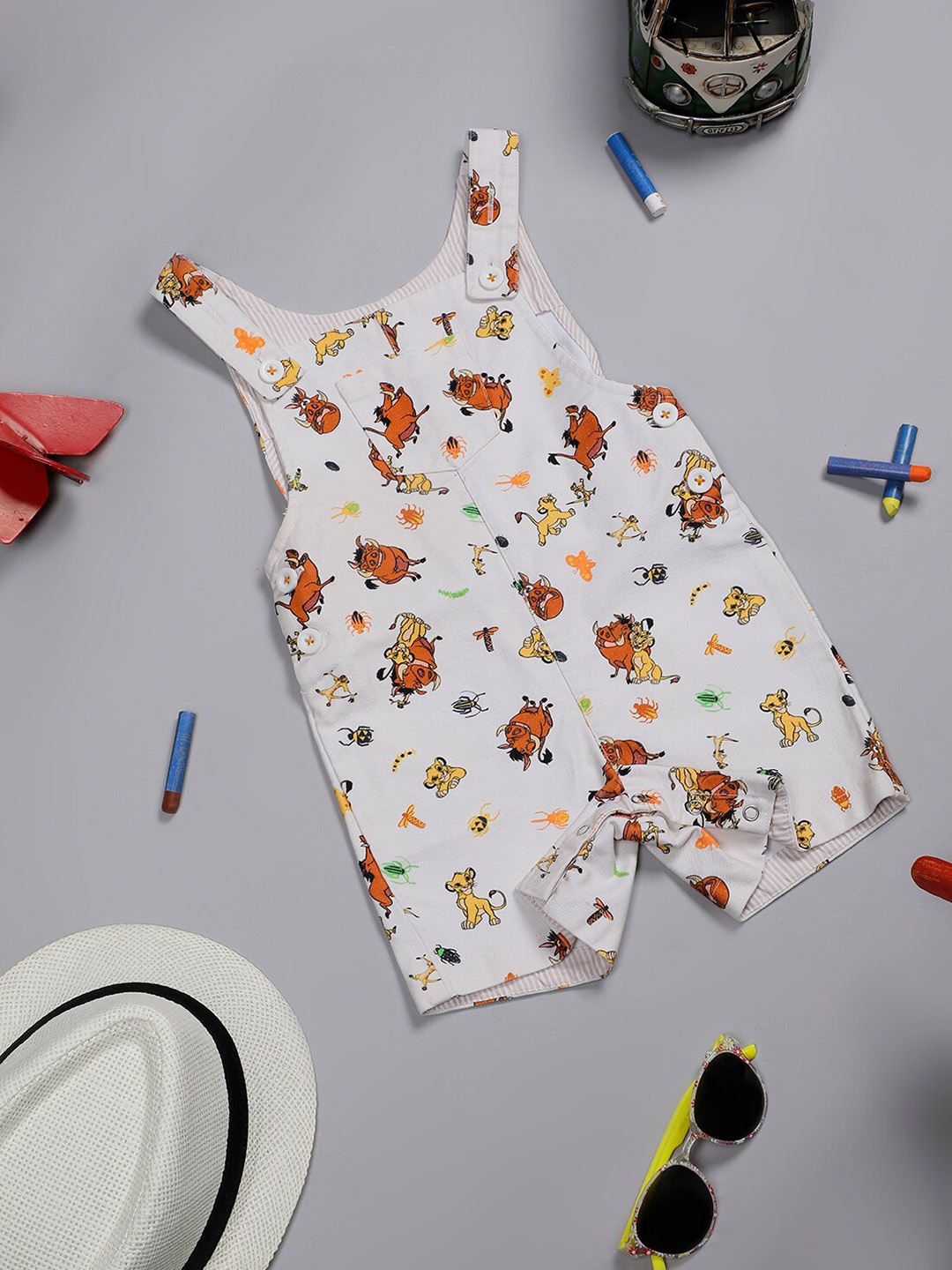 

One Friday Boys Simba Printed Pure Cotton Dungarees, Off white