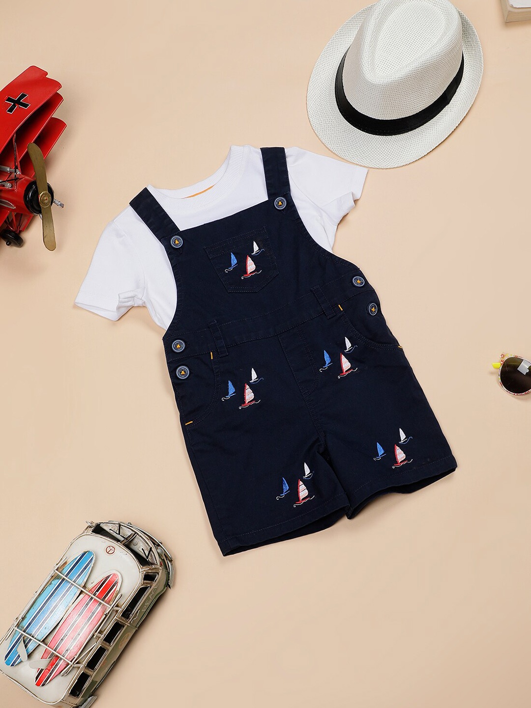 

One Friday Boys Conversational Printed Round Neck Cotton Dungarees With T-shirt, Navy blue