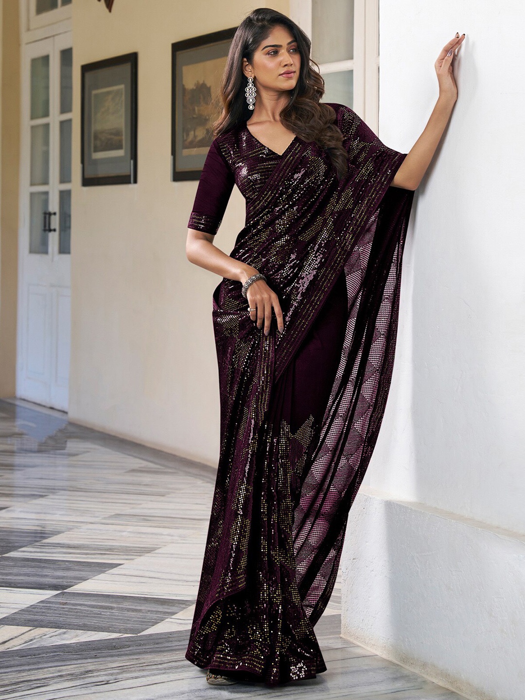 

ODETTE Embellished Sequinned Saree, Violet