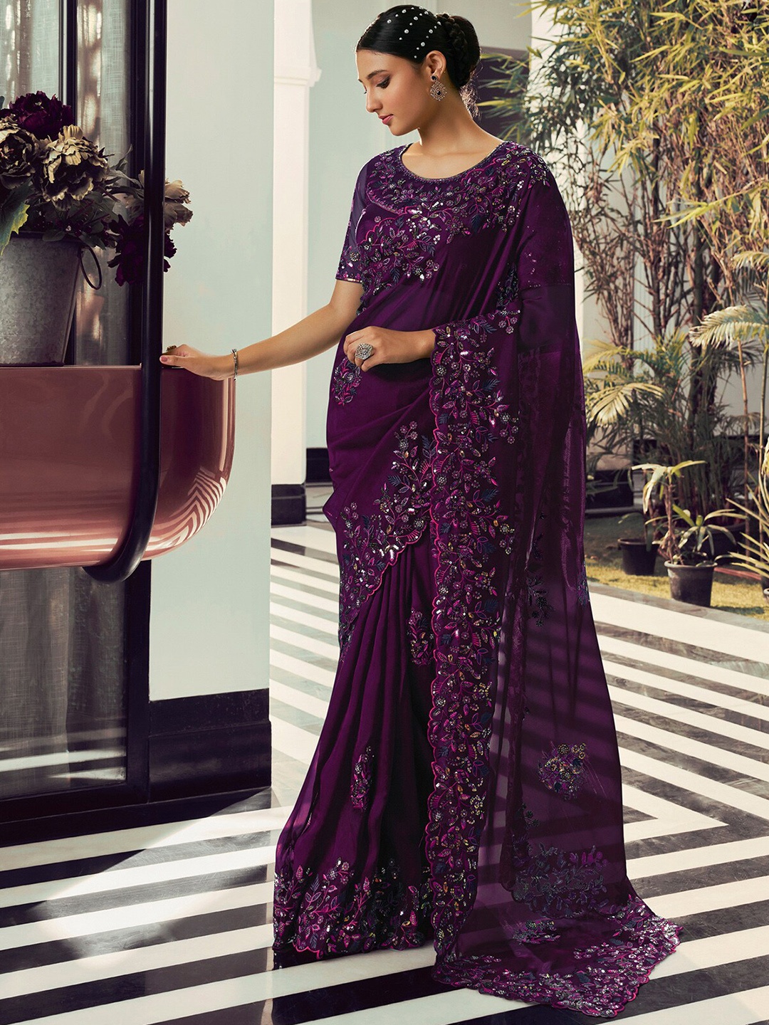 

ODETTE Floral Embroidered Sequinned Organza Saree, Purple