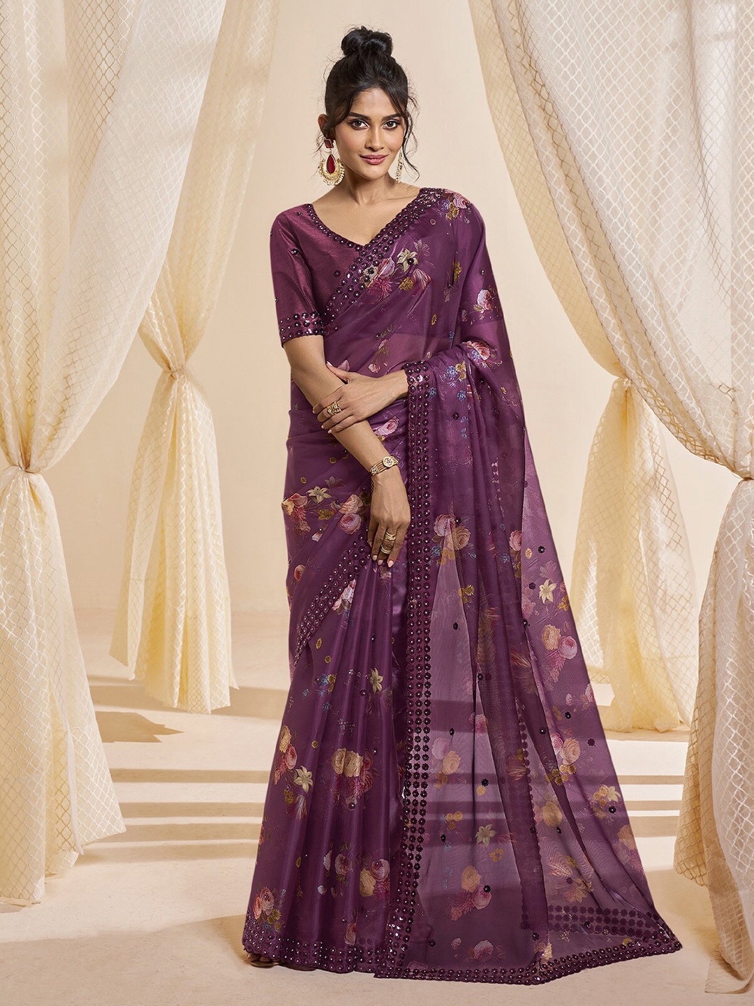 

ODETTE Floral Printed Beads and Stones Satin Saree, Violet