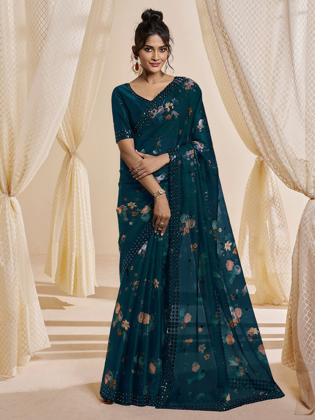 

ODETTE Floral Beads and Stones Satin Saree, Teal