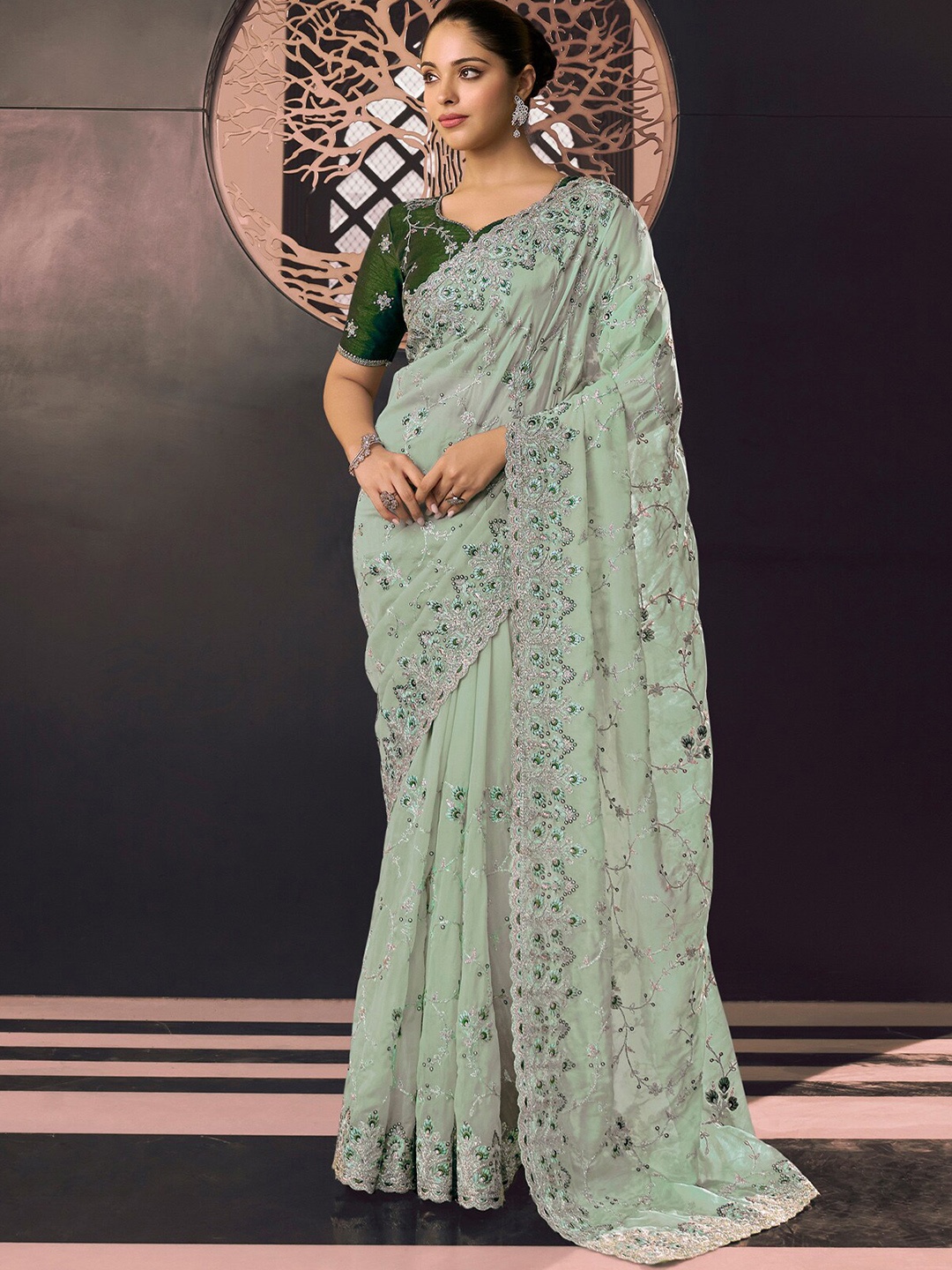 

ODETTE Embellished Beads and Stones Organza Saree, Green