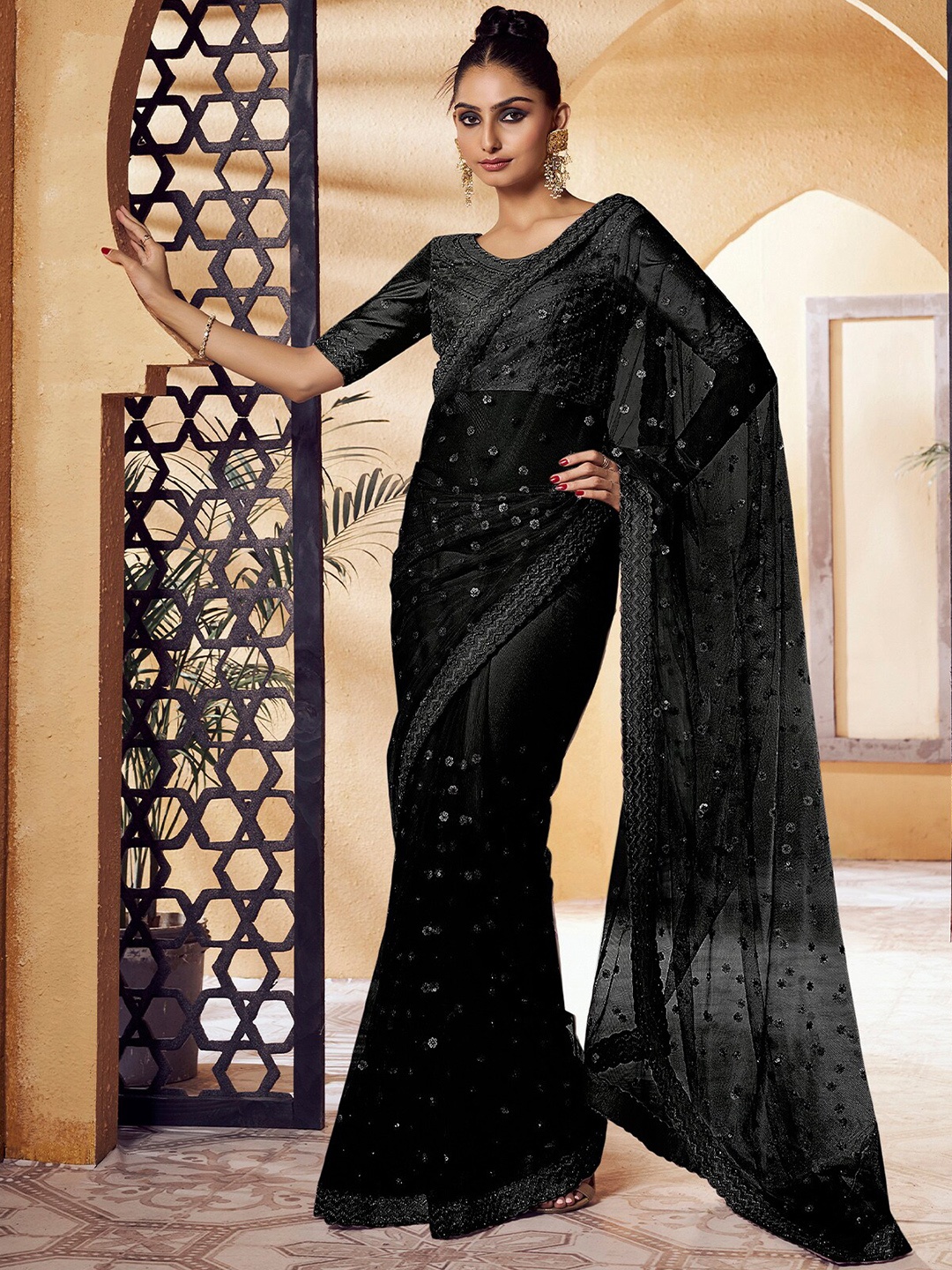 

ODETTE Ethnic Motifs Beads and Stones Net Saree, Black