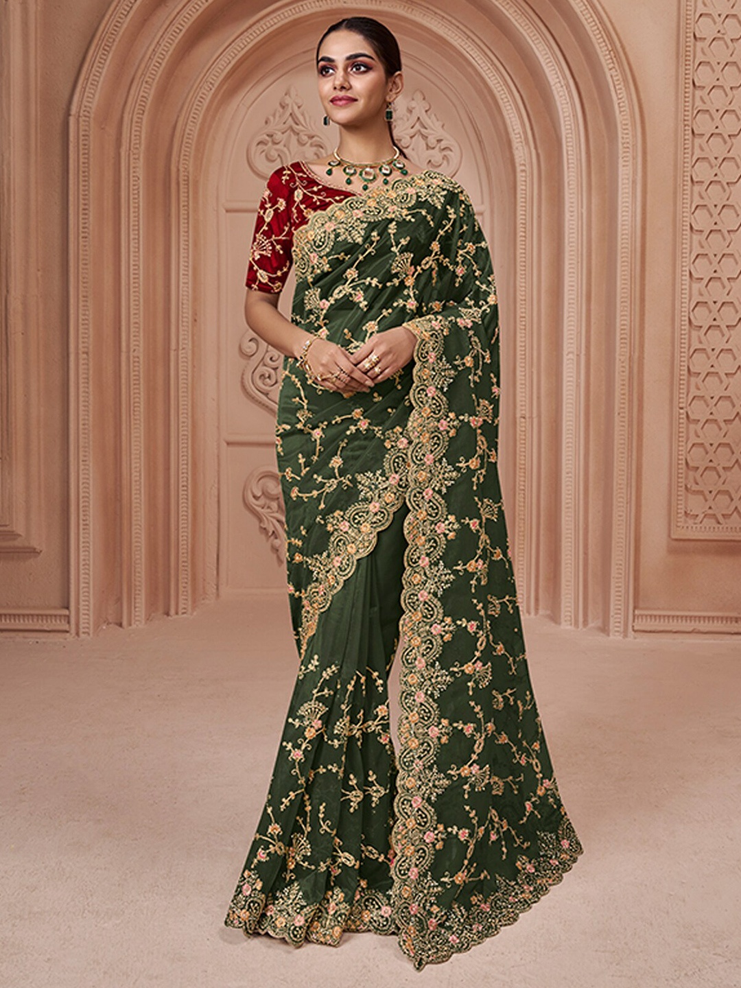 

ODETTE Floral Embroidered Net Saree, Green