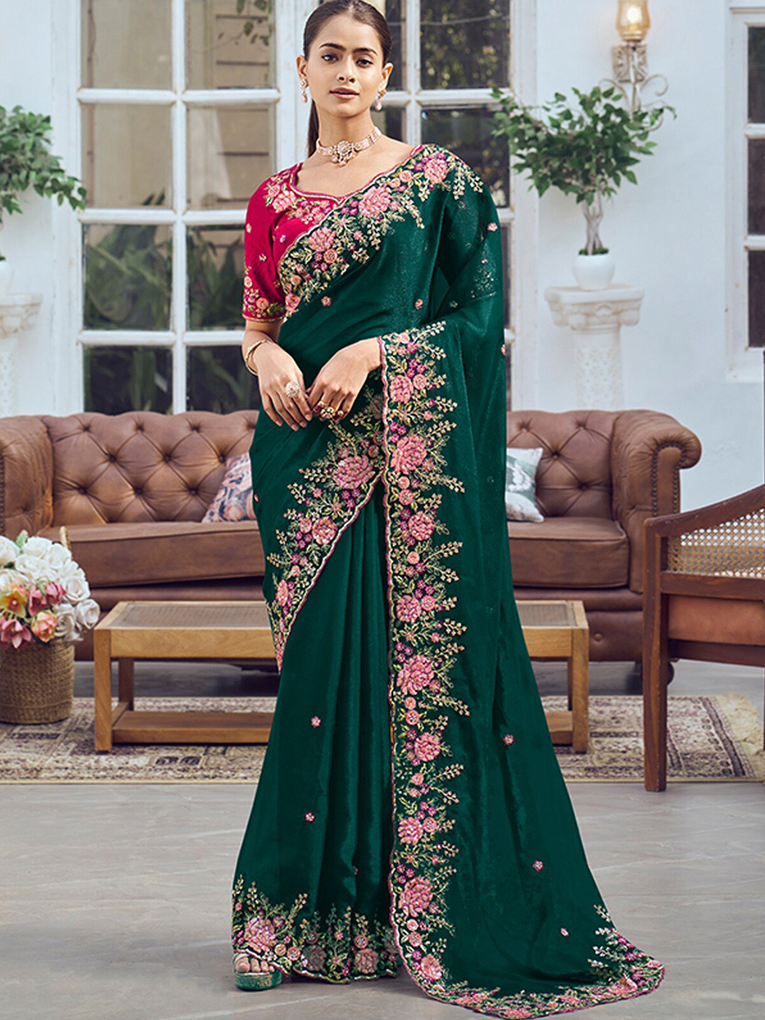 

ODETTE Embellished Embroidered Saree, Green