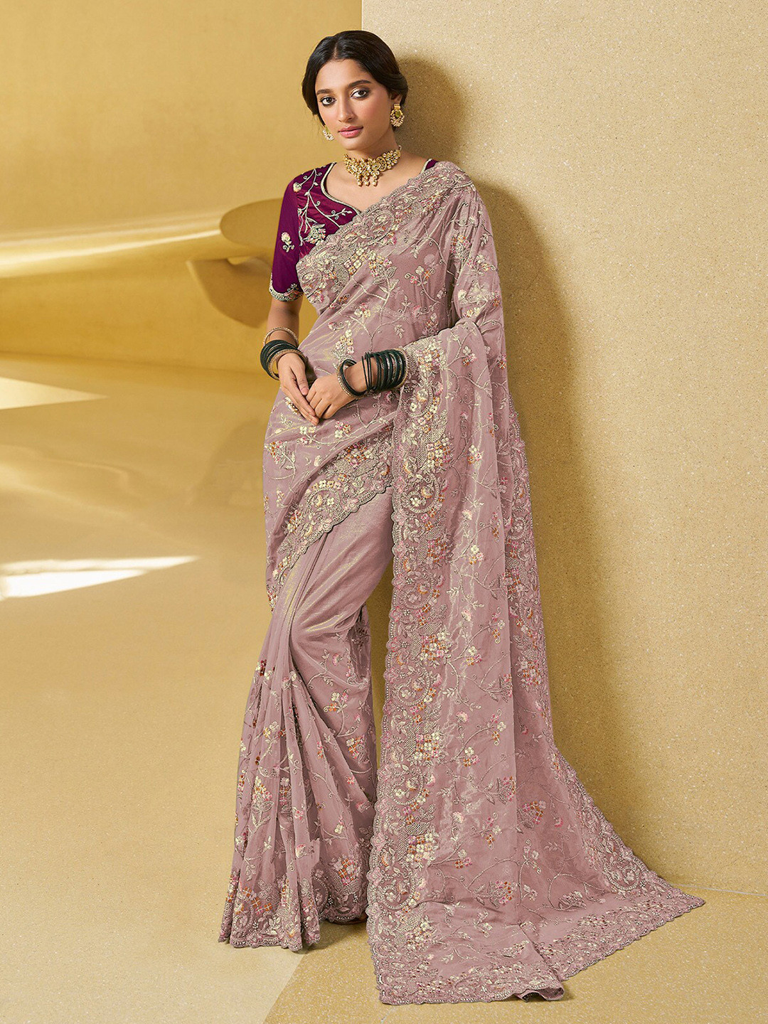 

ODETTE Floral Embroidered Net Saree, Purple