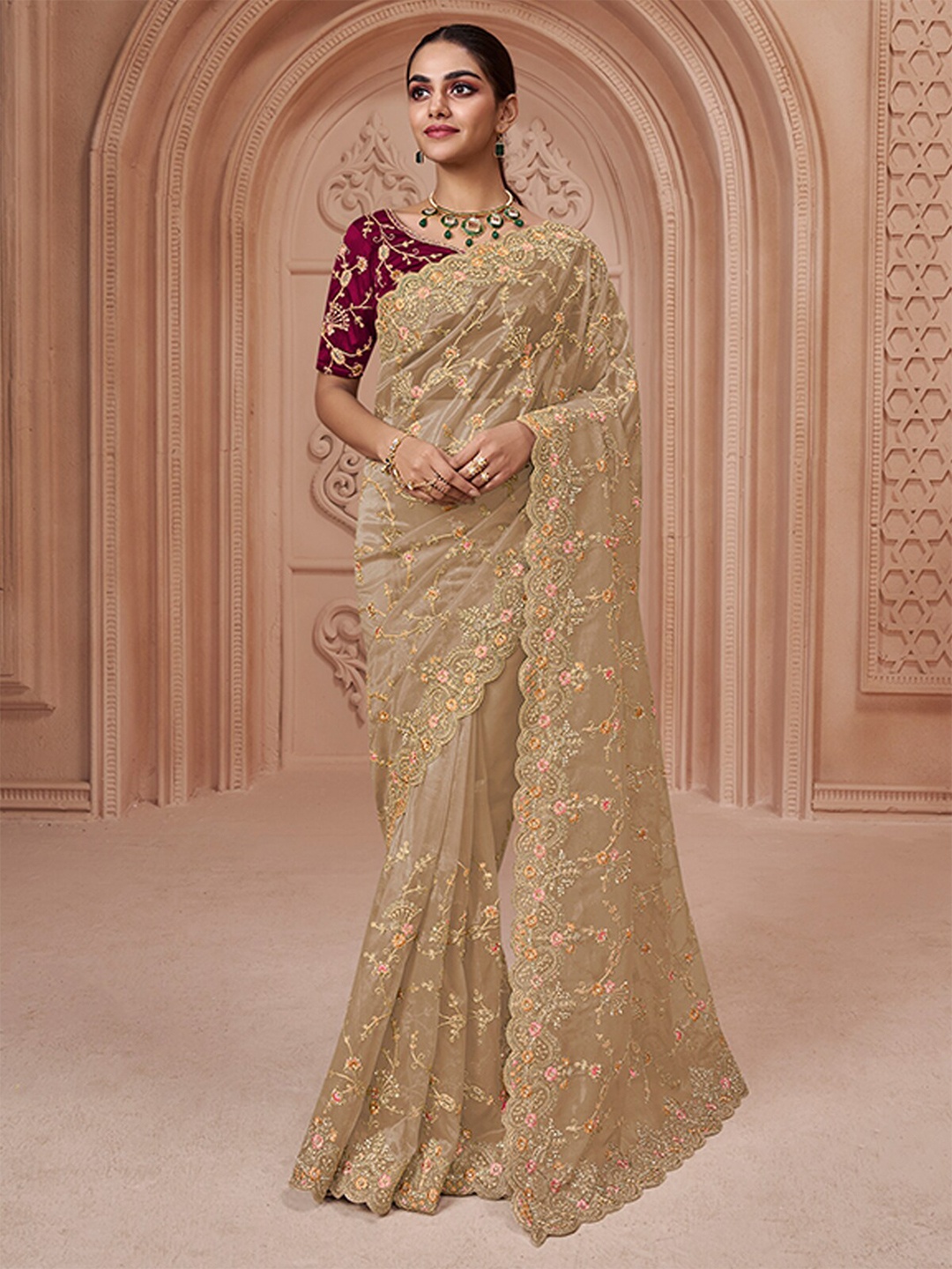 

ODETTE Embellished Beads and Stones Net Saree, Beige