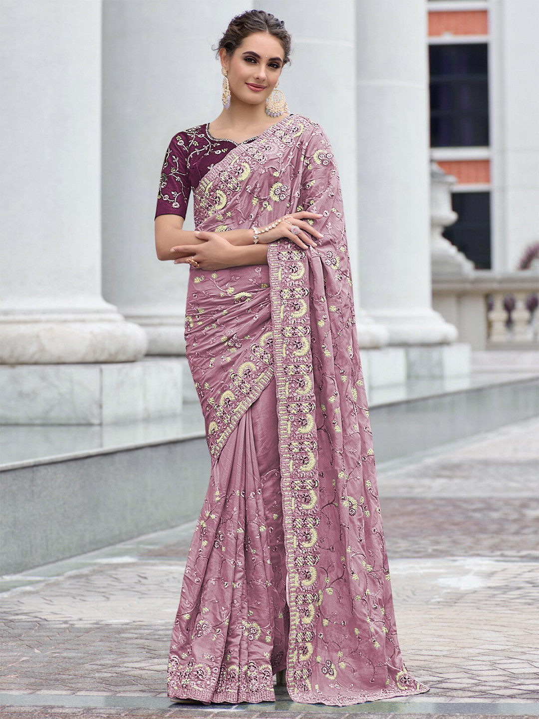 

ODETTE Floral Embroidered Saree, Purple