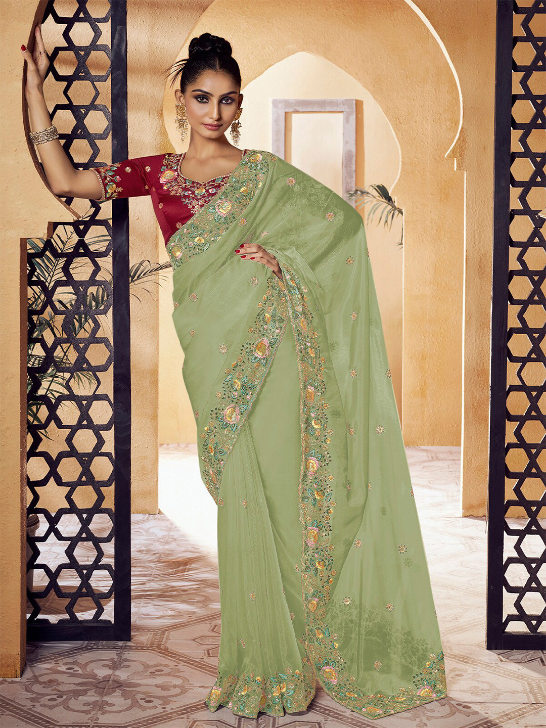 

ODETTE Floral Embroidered Organza Saree, Green