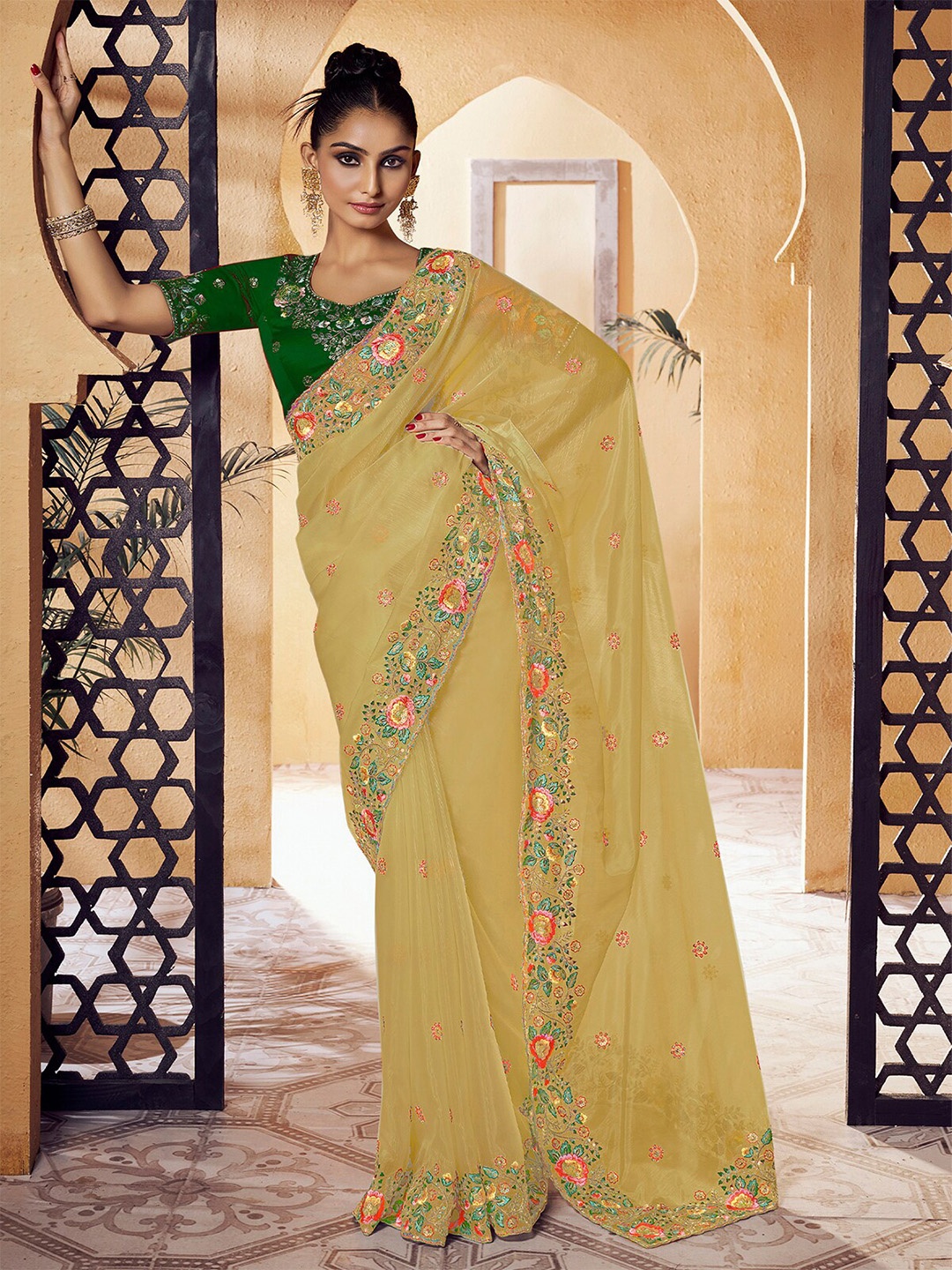 

ODETTE Ethnic Motifs Embroidered Organza Saree, Yellow