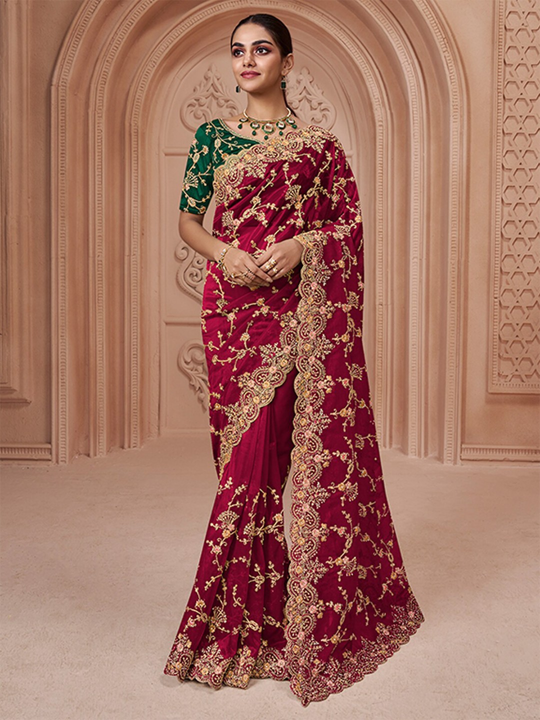 

ODETTE Floral Embroidered Net Saree, Maroon