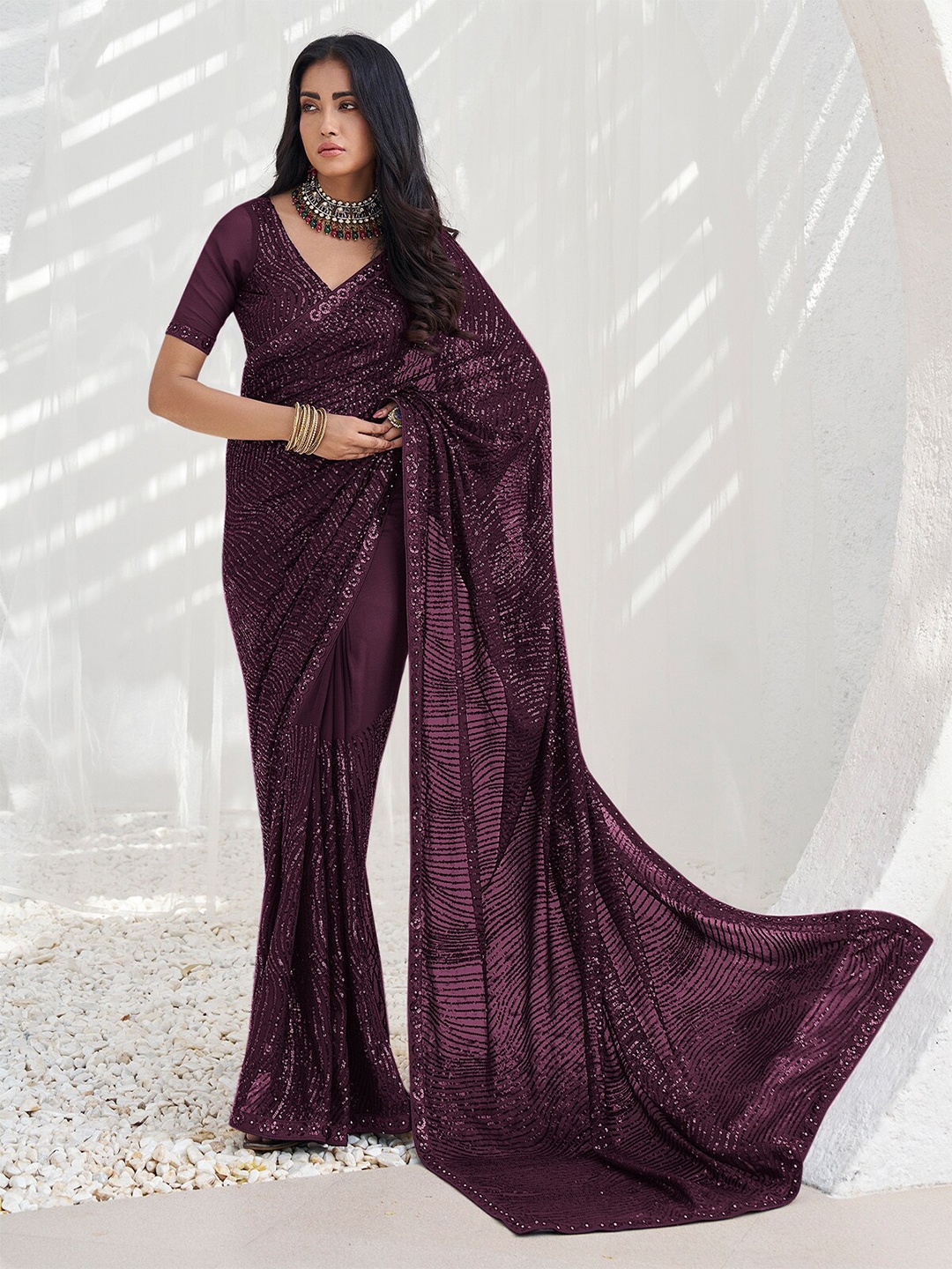 

ODETTE Embellished Sequinned Saree, Violet