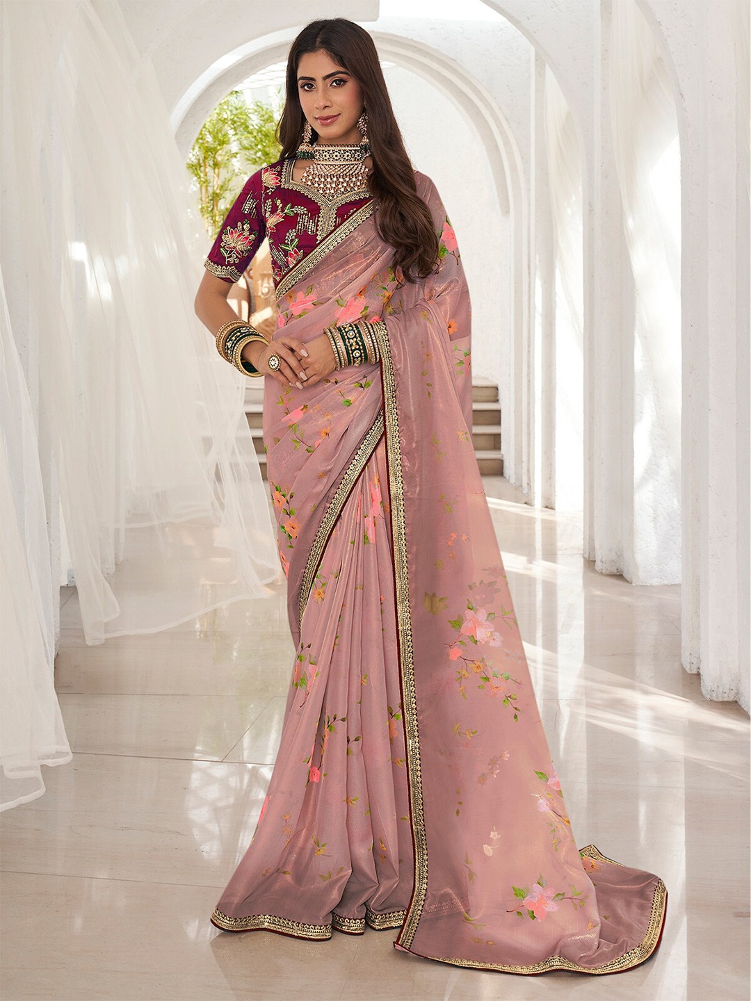 

ODETTE Floral Printed Gotta Patti Organza Saree, Pink