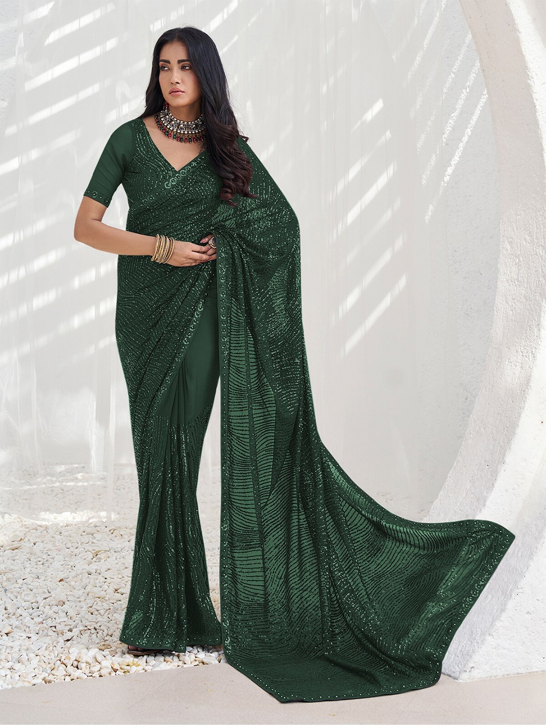 

ODETTE Embellished Sequinned Saree, Green