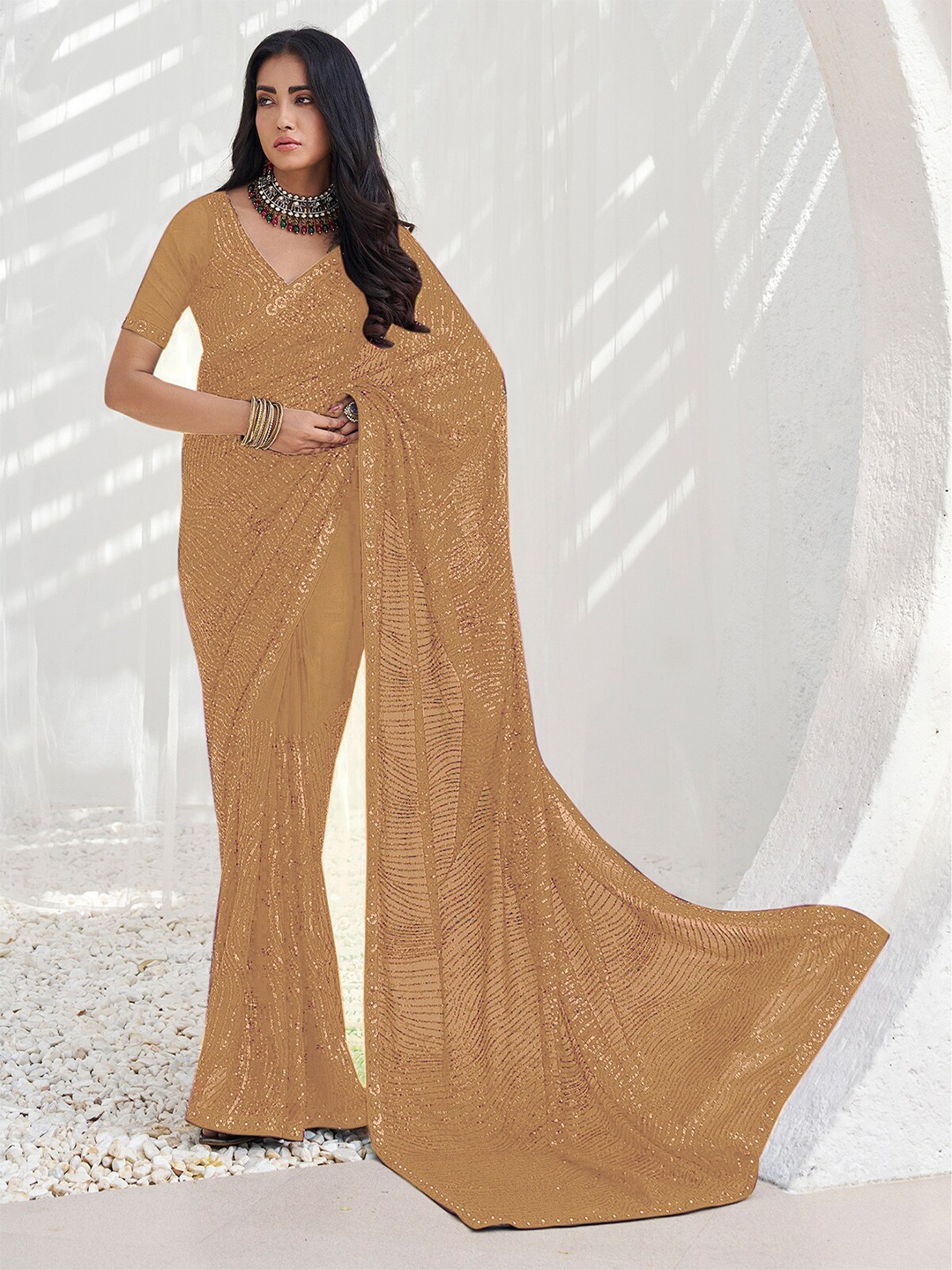 

ODETTE Embellished Sequinned Saree, Beige