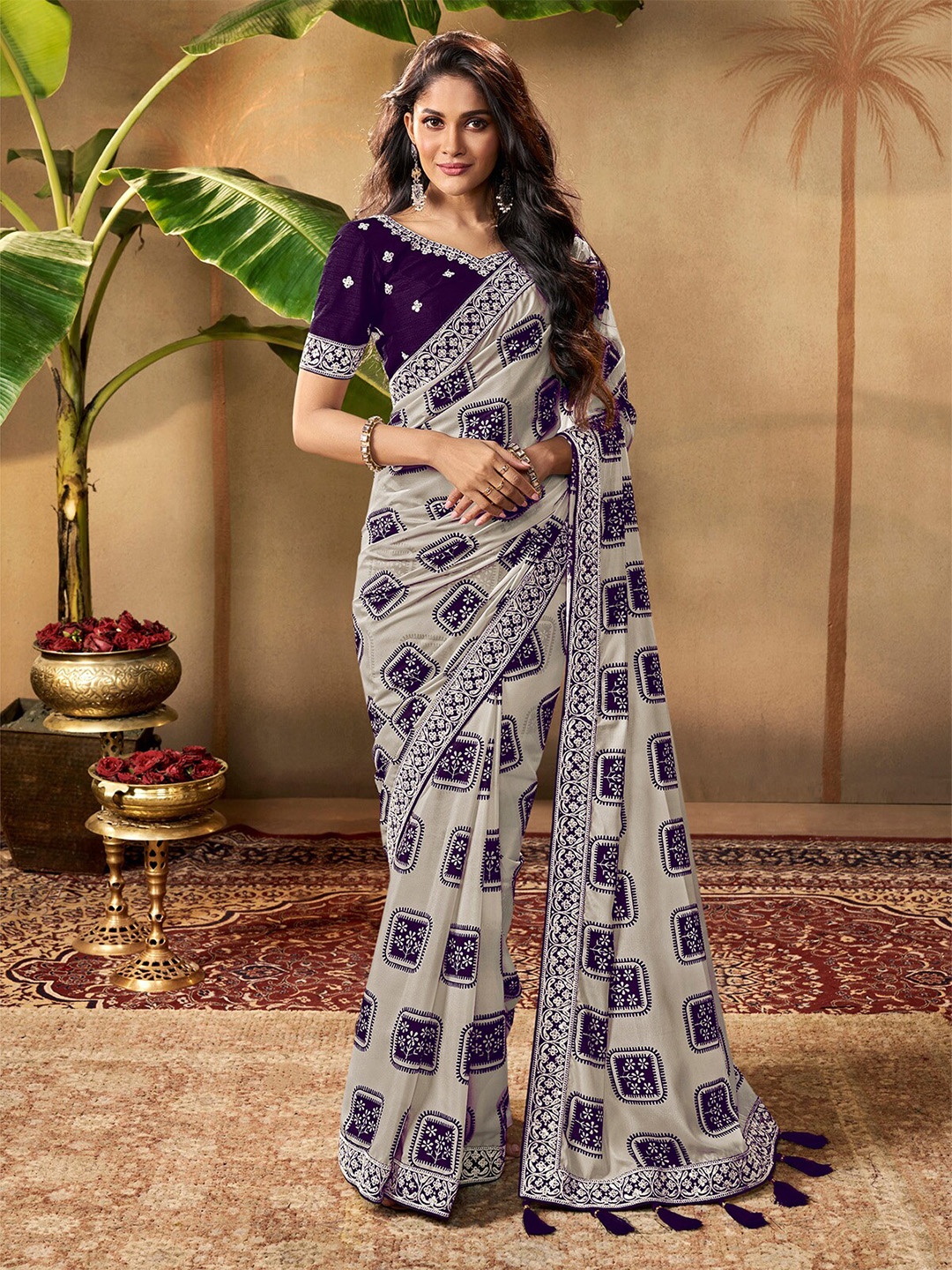 ODETTE Floral Embroidered Saree, Purple