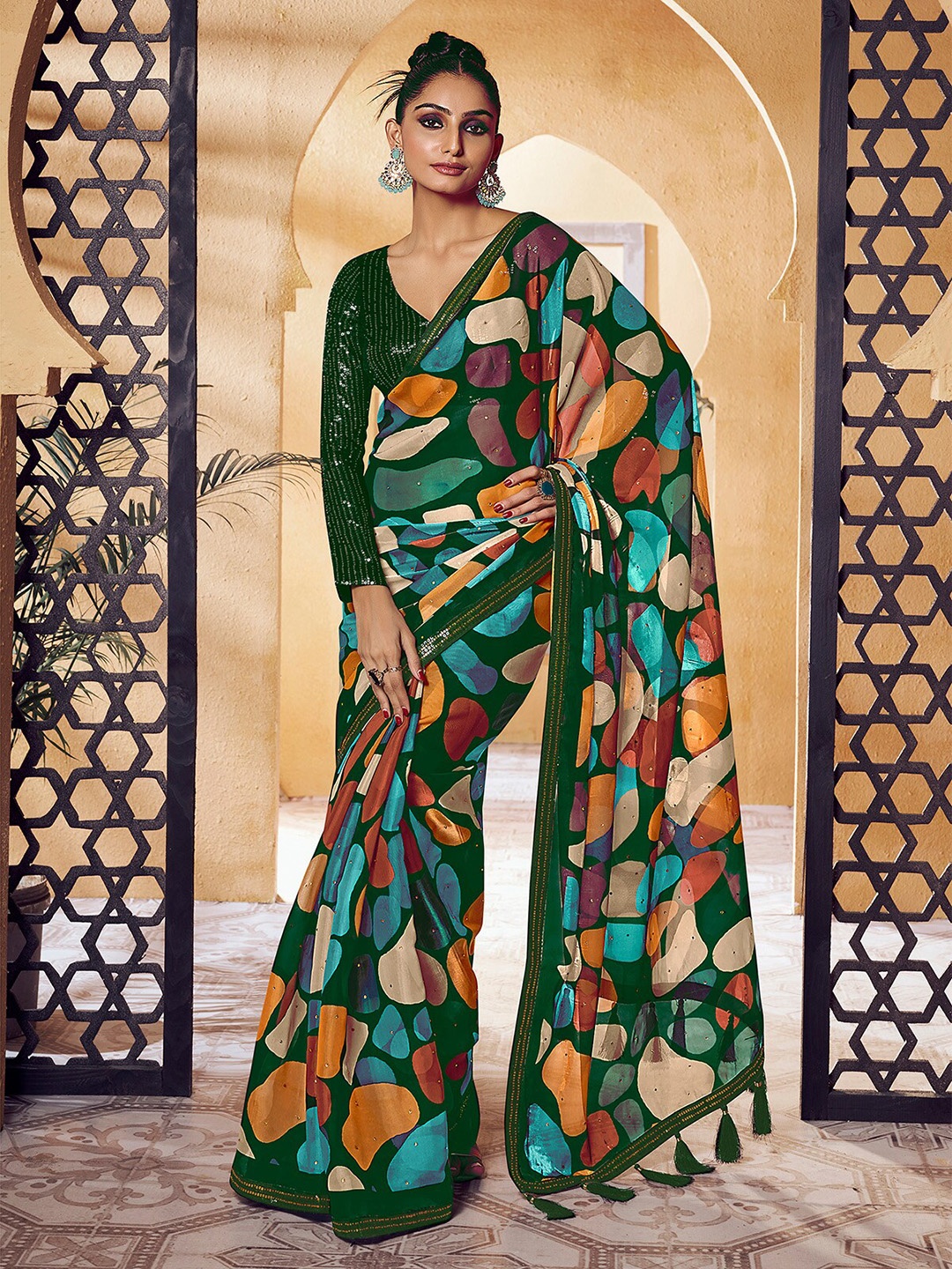 

ODETTE Abstract Printed Beads and Stones Satin Saree, Green