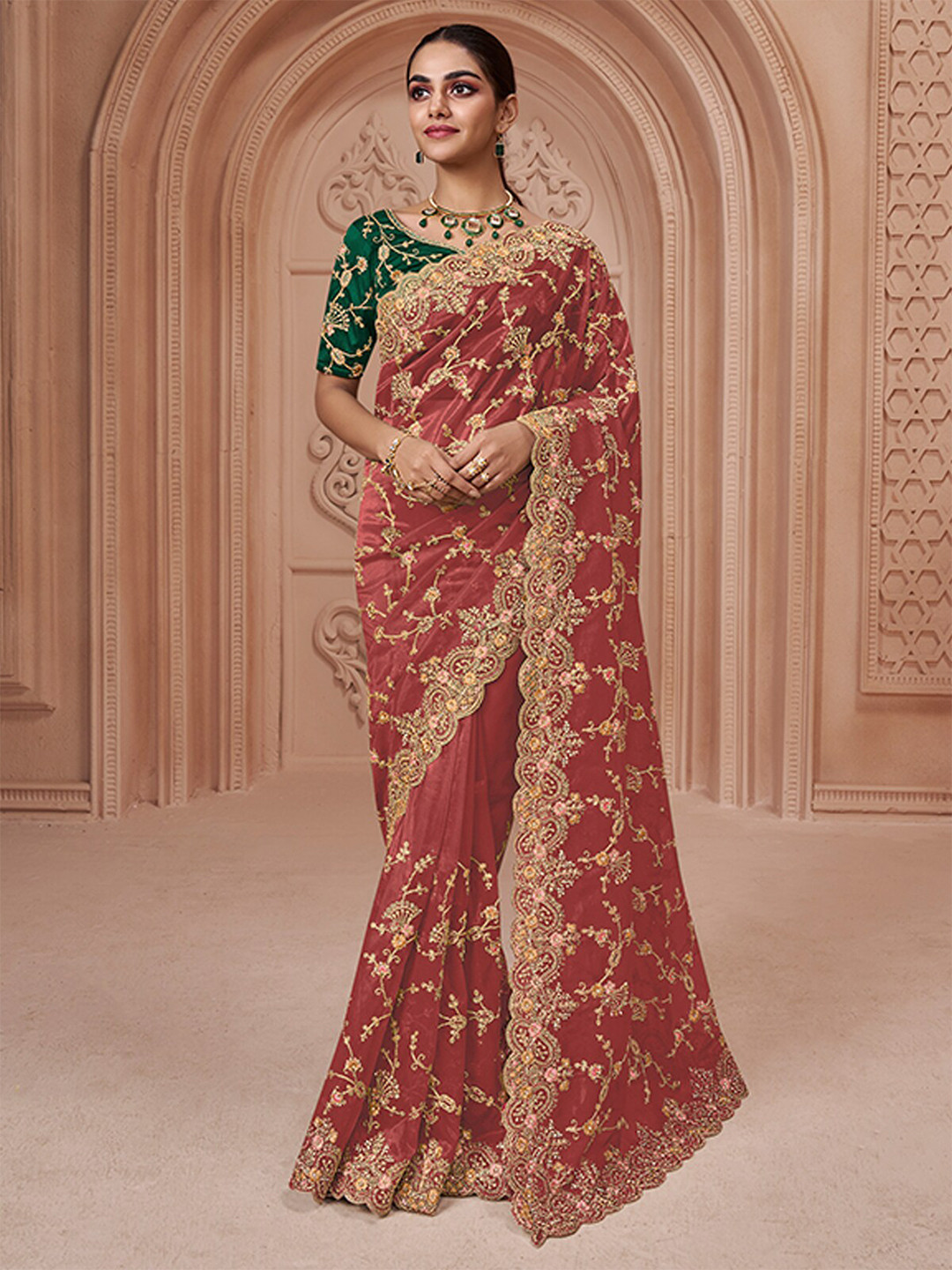 

ODETTE Floral Embroidered Net Saree, Red