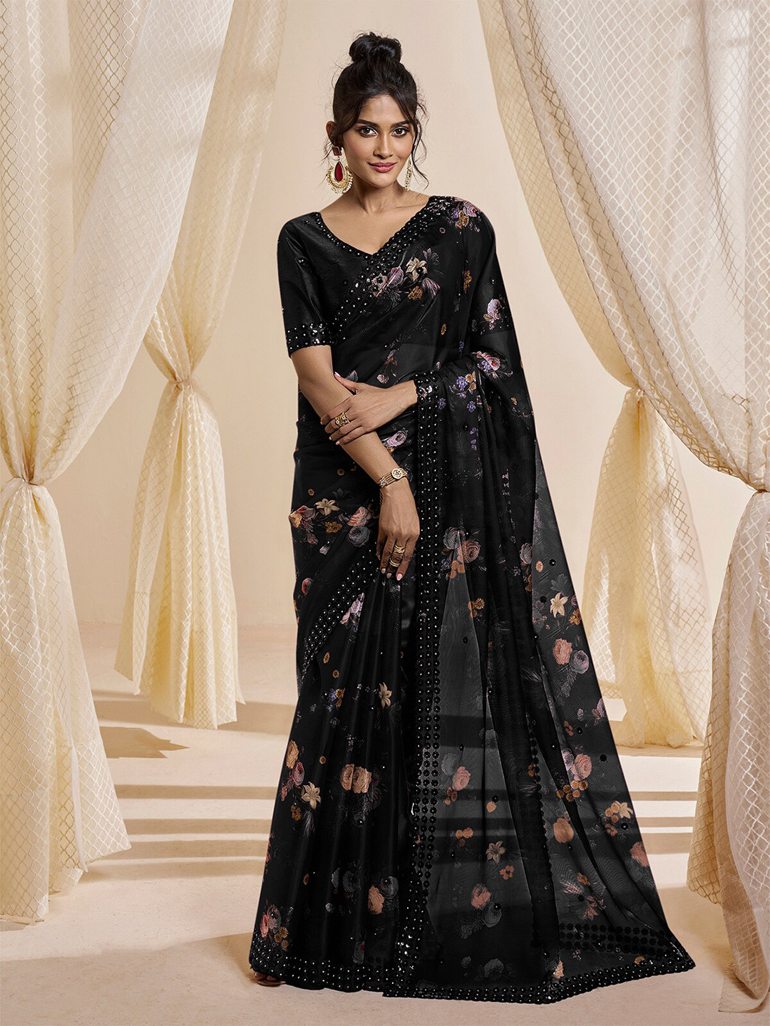 

ODETTE Floral Embroidered Satin Saree, Black
