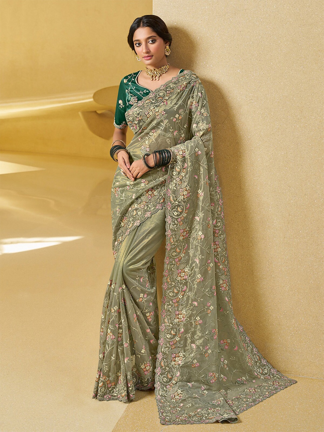 

ODETTE Ethnic Motifs Embroidered Net Saree, Olive