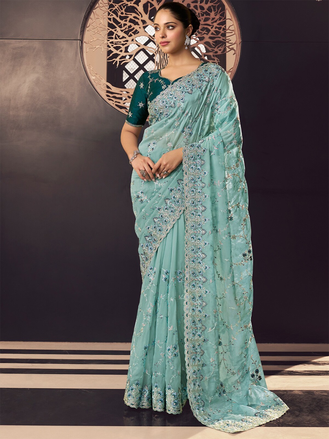 

ODETTE Floral Embellished Beads and Stones Organza Saree, Blue