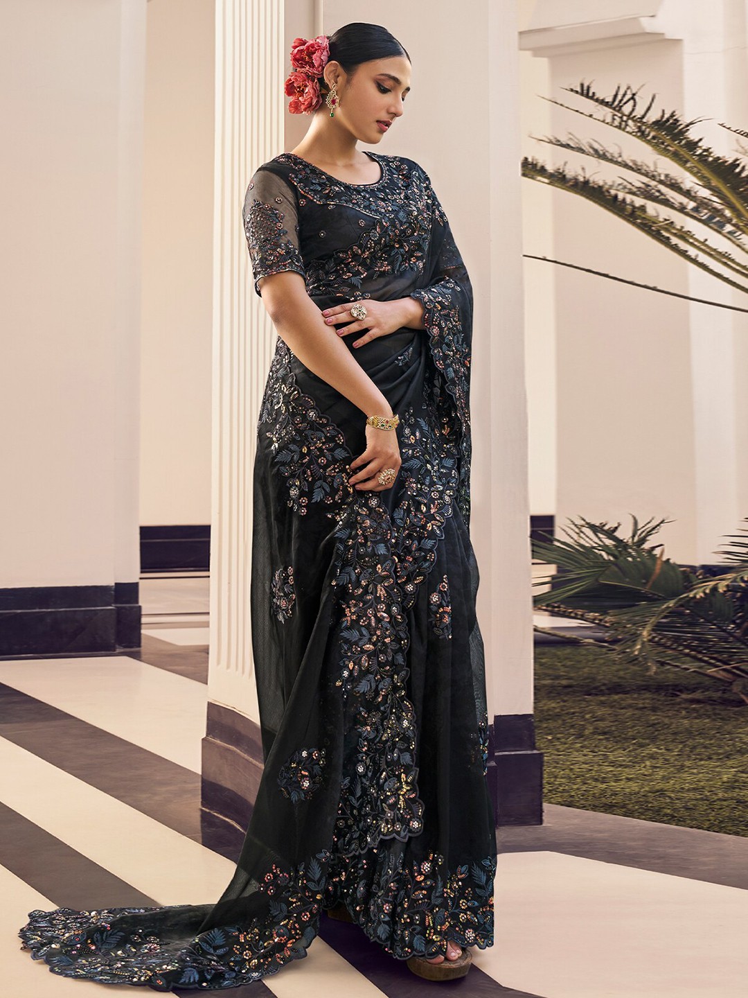 

ODETTE Floral Embroidered Organza Saree, Black
