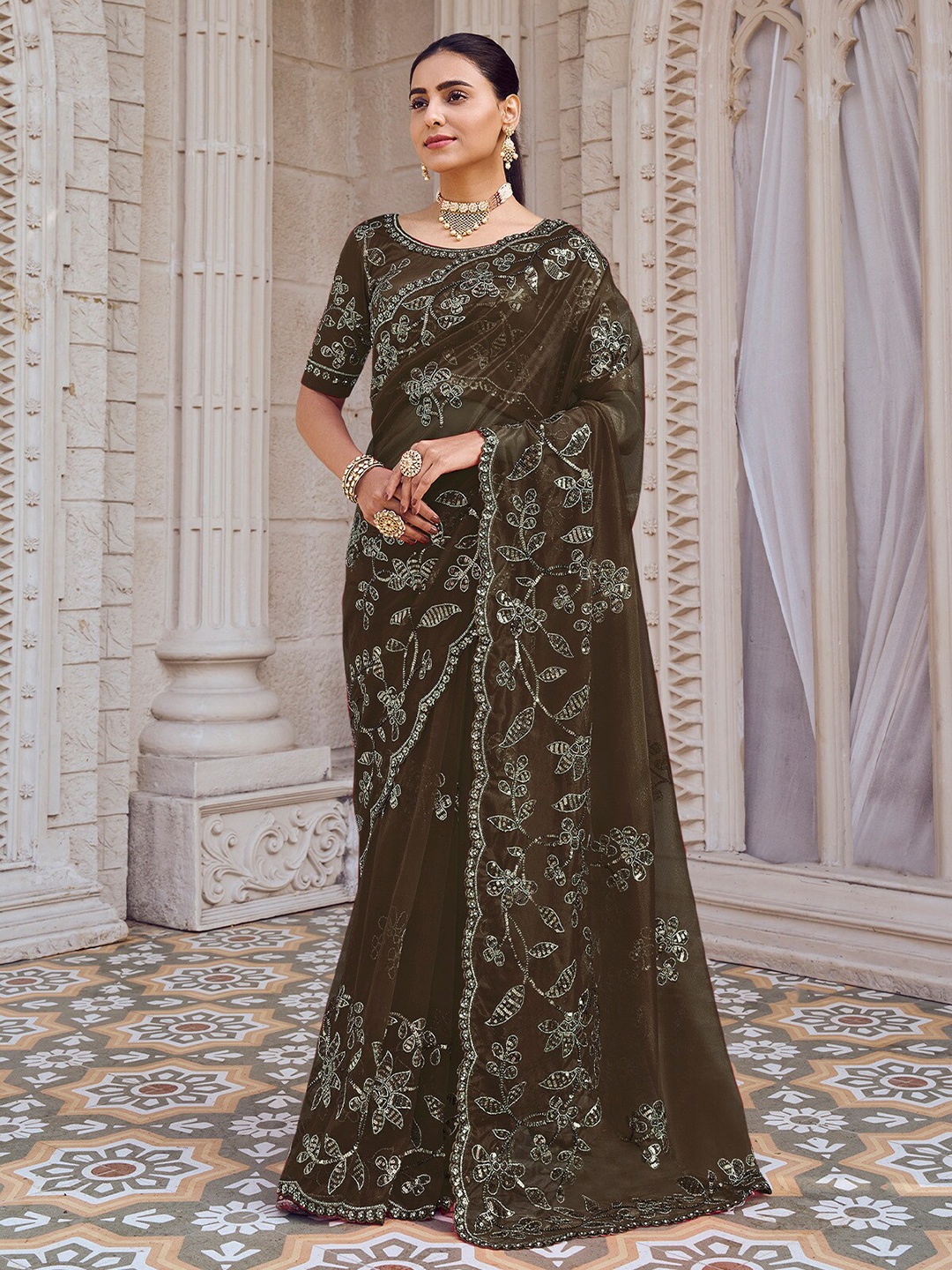 

ODETTE Floral Embroidered Net Saree, Brown