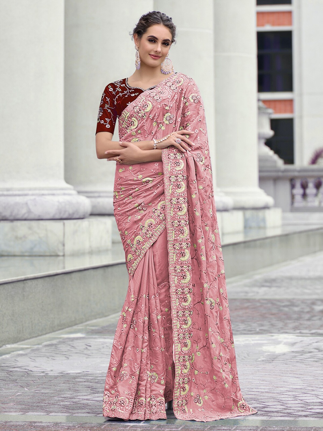 

ODETTE Floral Embroidered Saree, Pink
