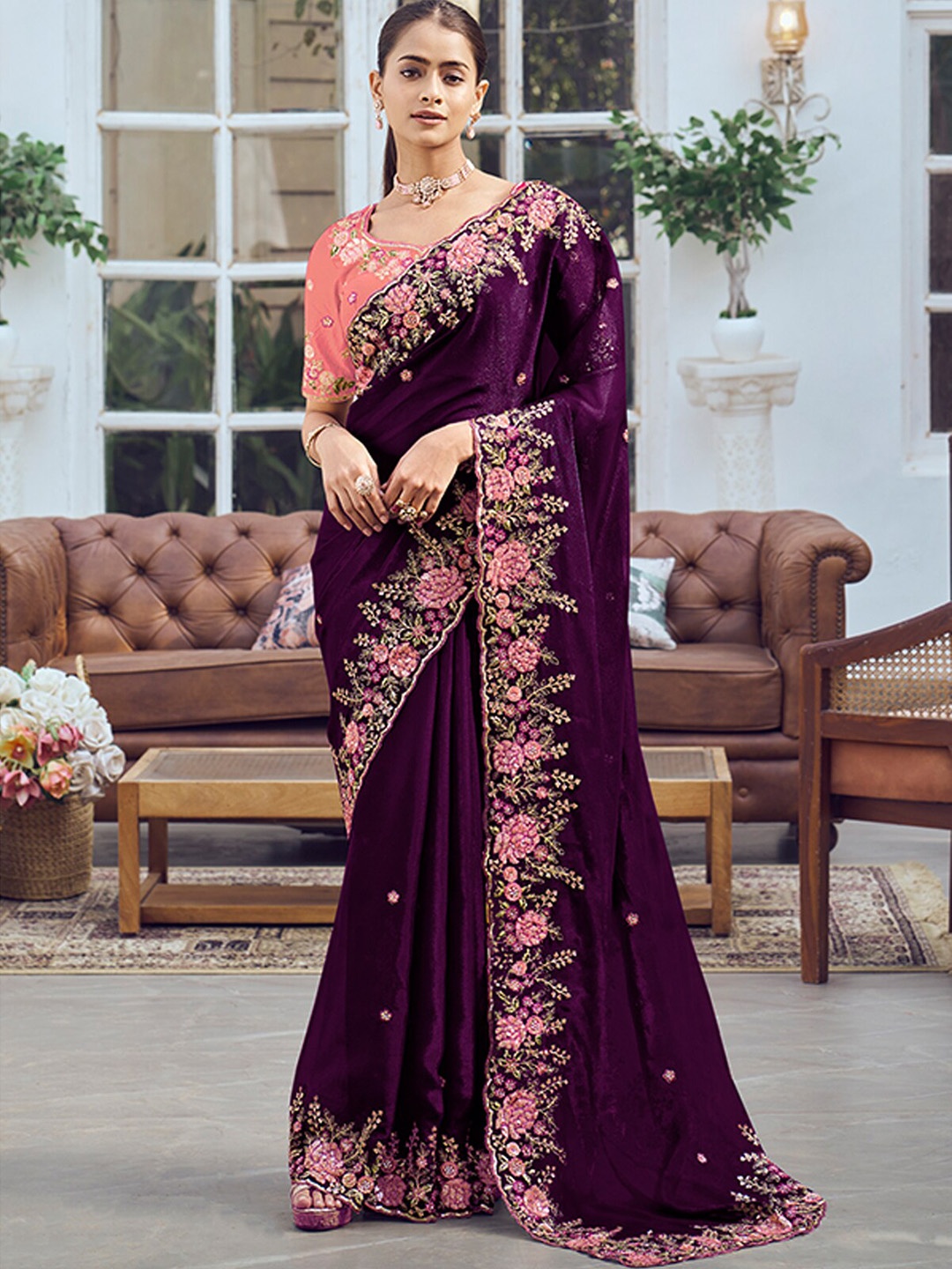 

ODETTE Embellished Embroidered Saree, Purple